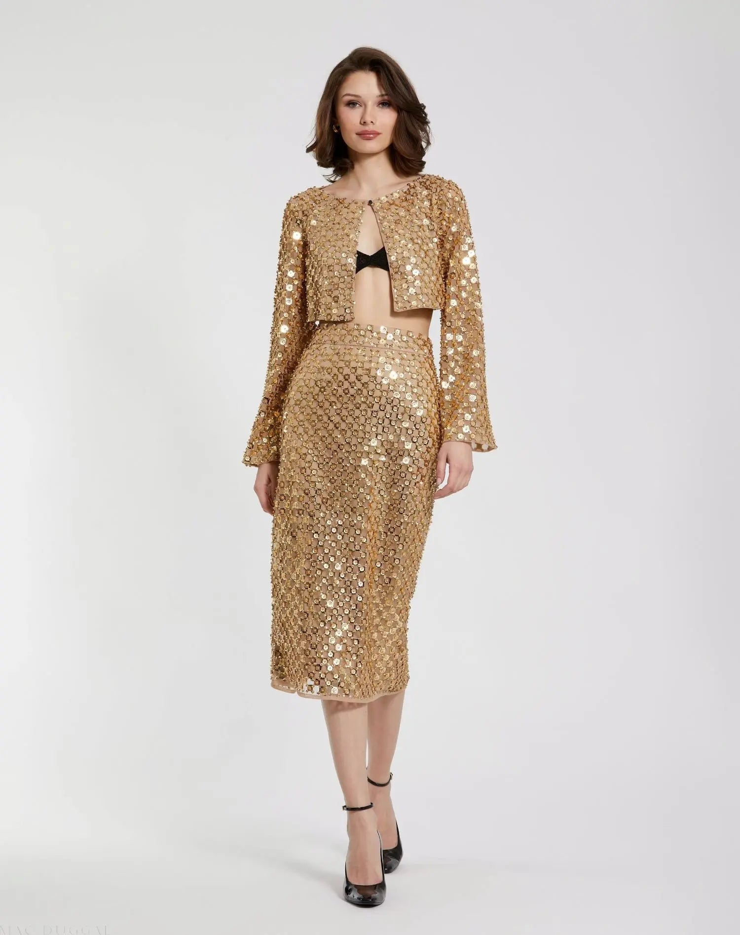 Gold Beaded Sequin Georgette Long Sleeve Cardigan-Myartka