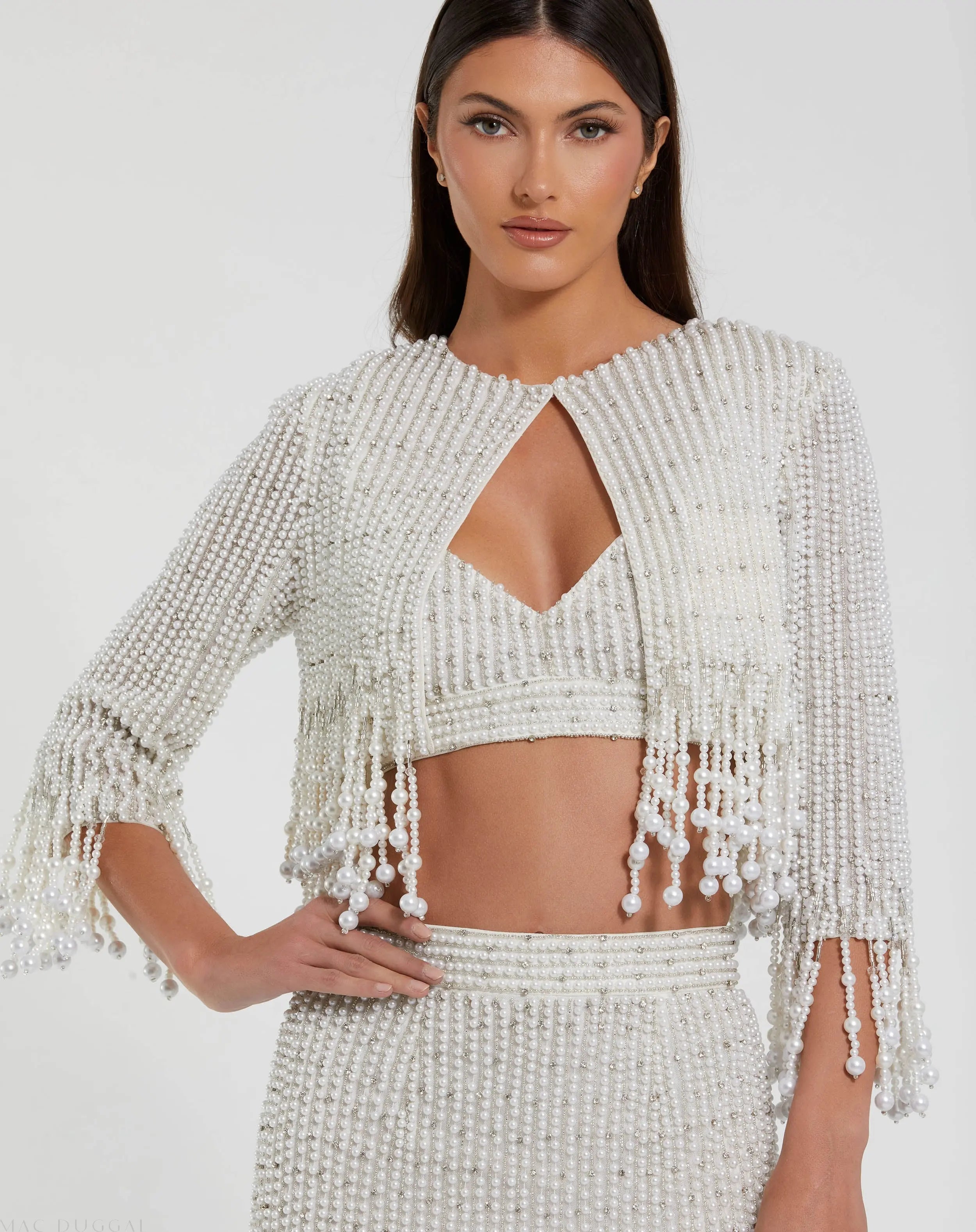 White Pearl Beaded Cropped Jacket-Myartka