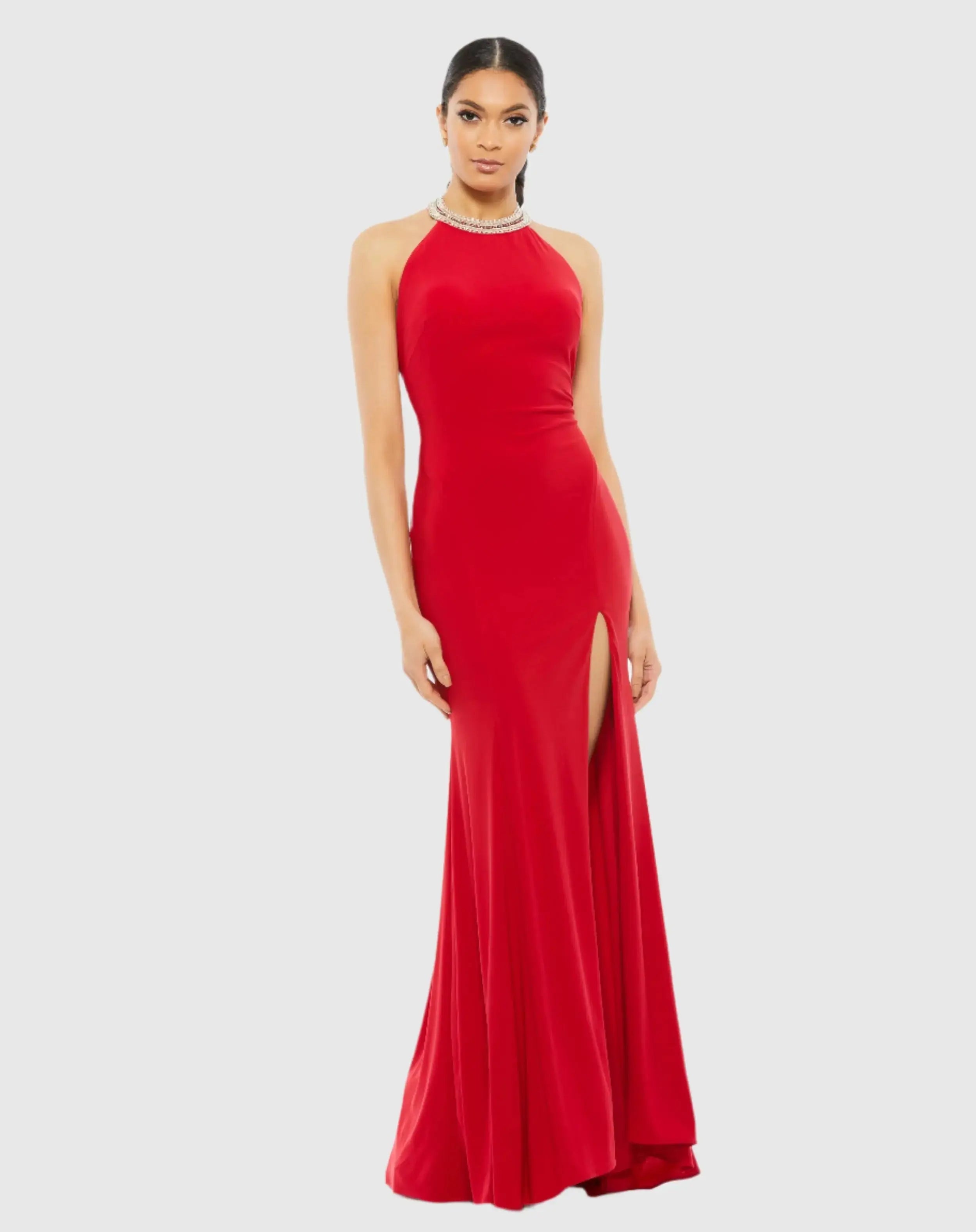 Beaded Halter Jersey Gown-Myartka