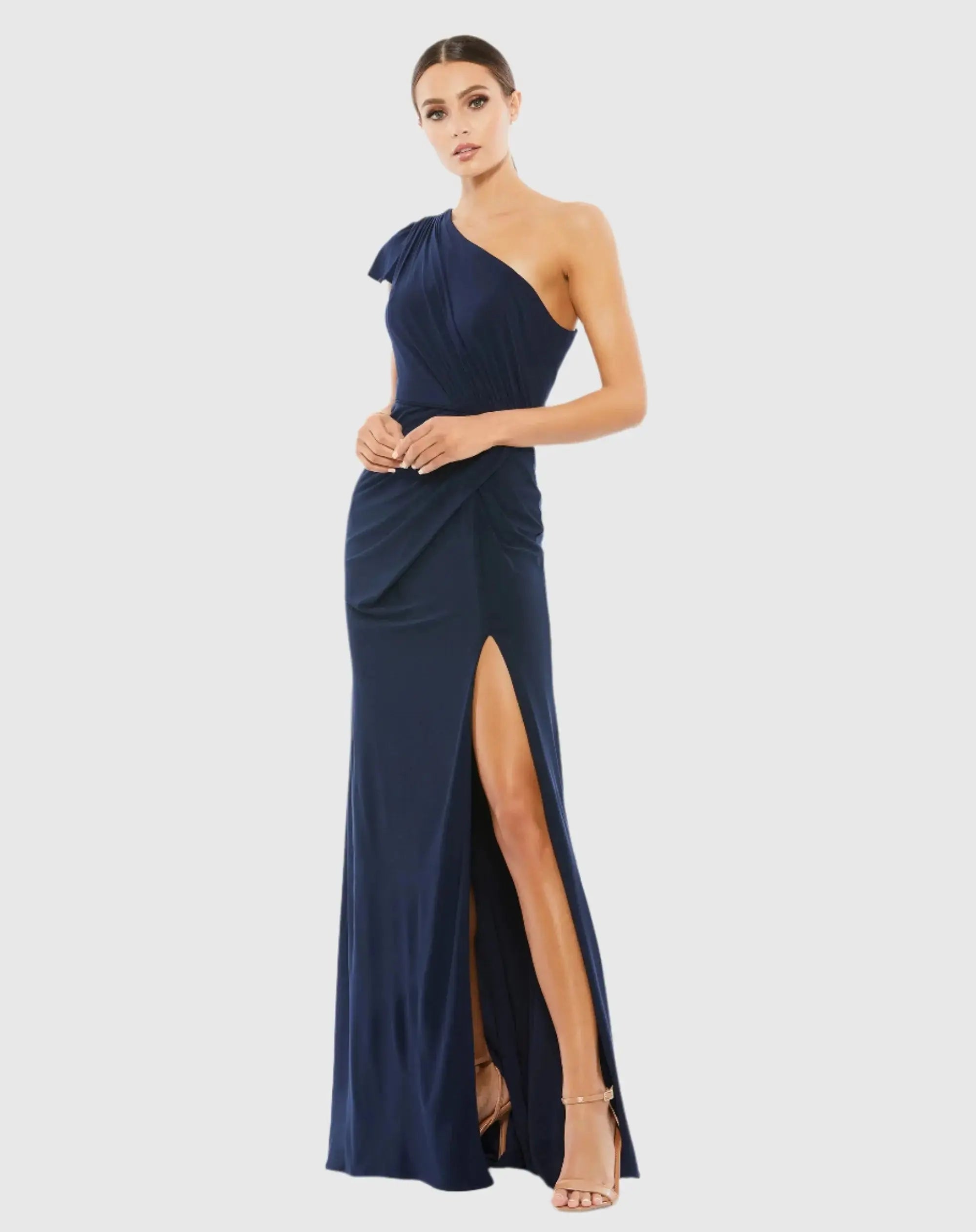 Navy Ruffled One Shoulder Draped Gown-Myartka