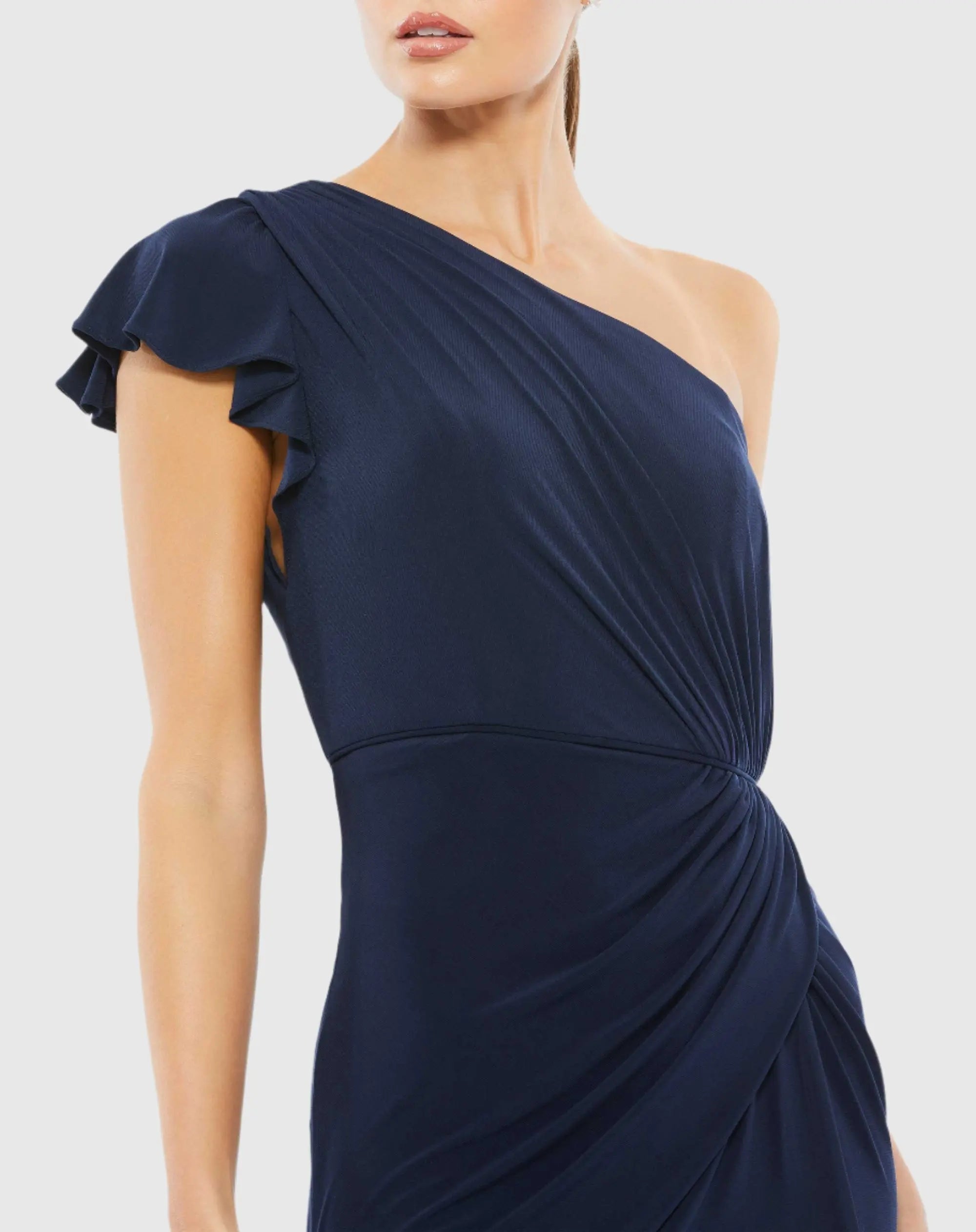 Navy Ruffled One Shoulder Draped Gown-Myartka