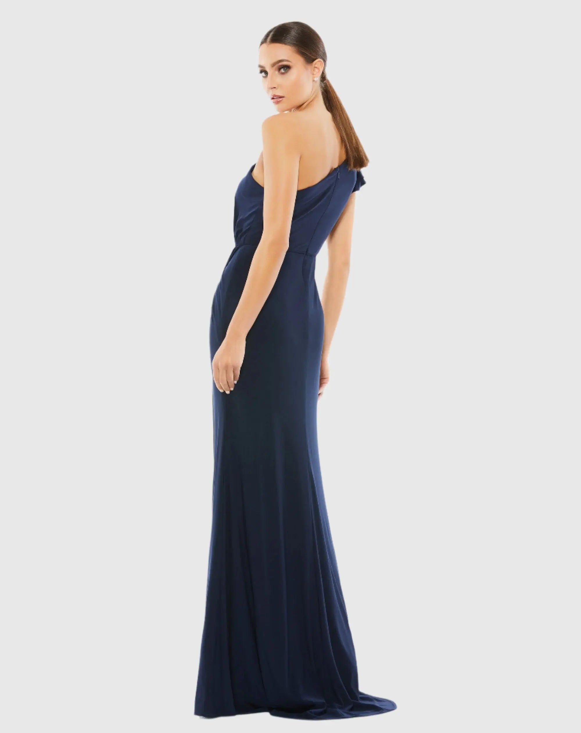 Navy Ruffled One Shoulder Draped Gown-Myartka