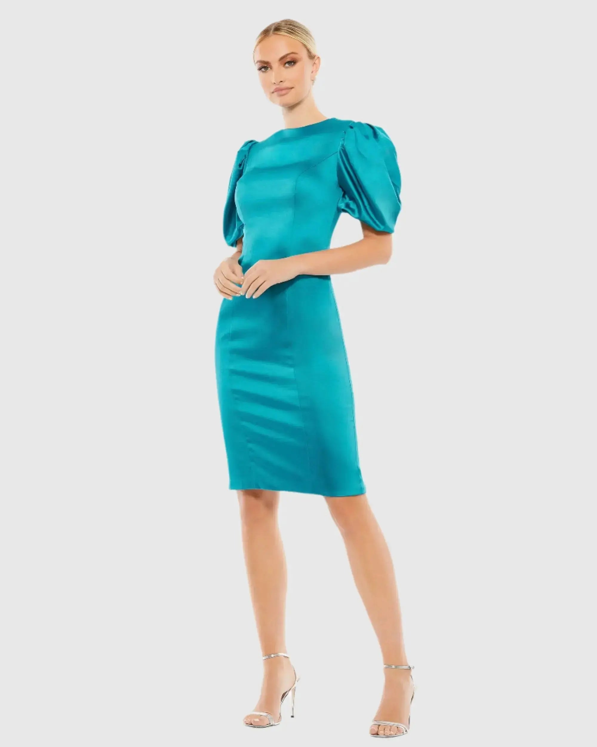 Satin Puff Sleeve Fitted Mini Dress-Myartka