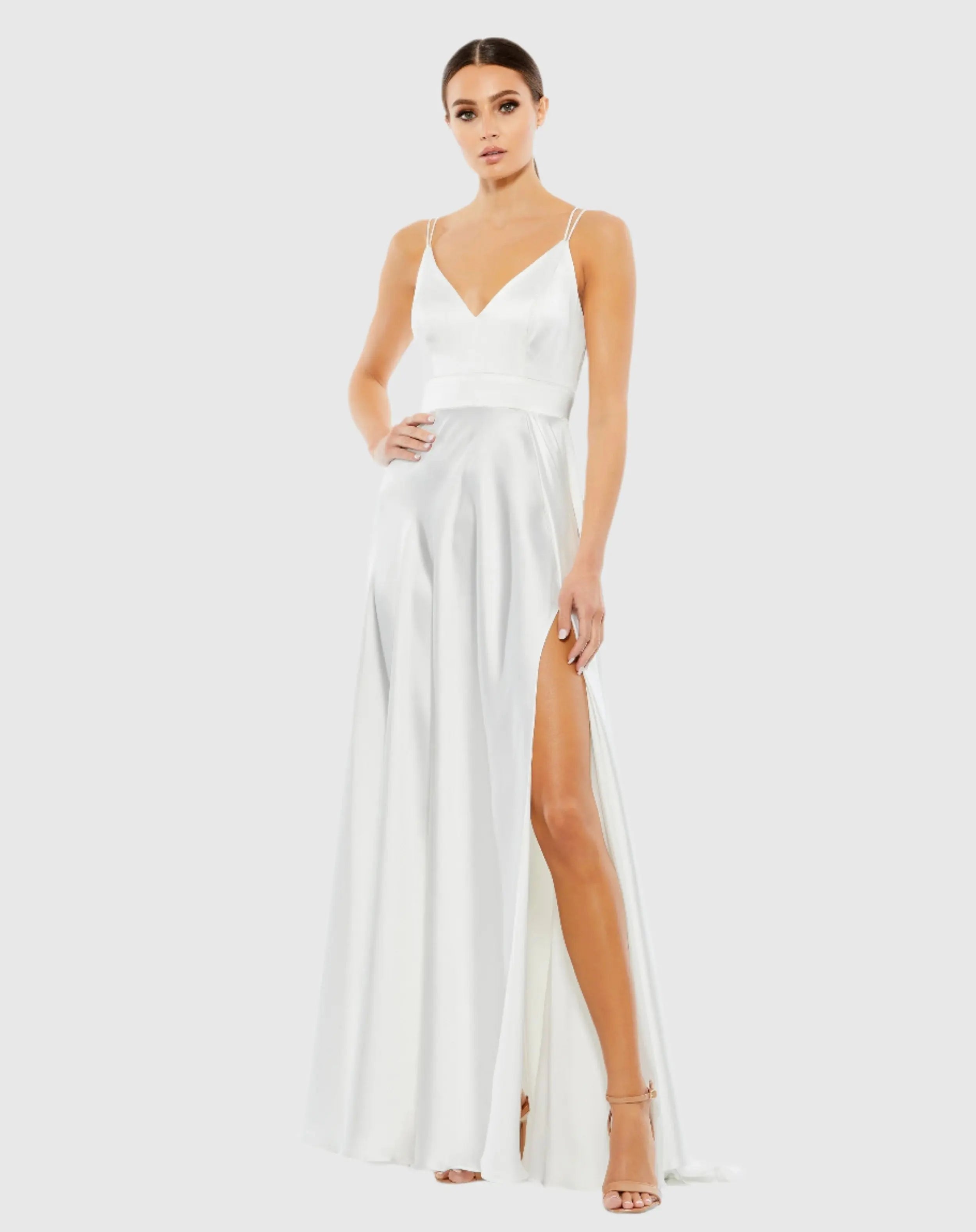 Satin Strappy-Back High Slit Gown-Myartka