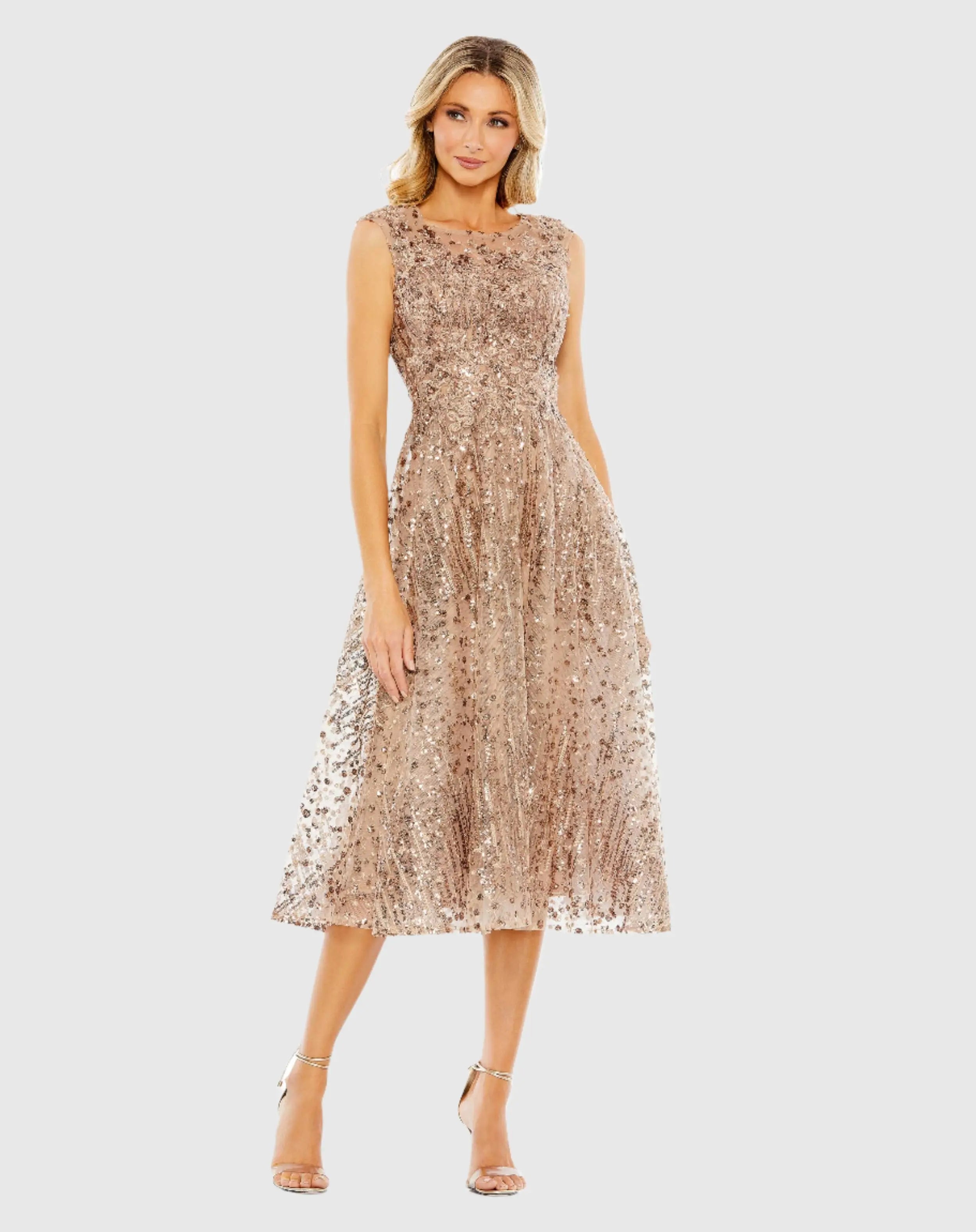 Gold Sequined Cap Sleeve Fit and Flare Dress-Myartka