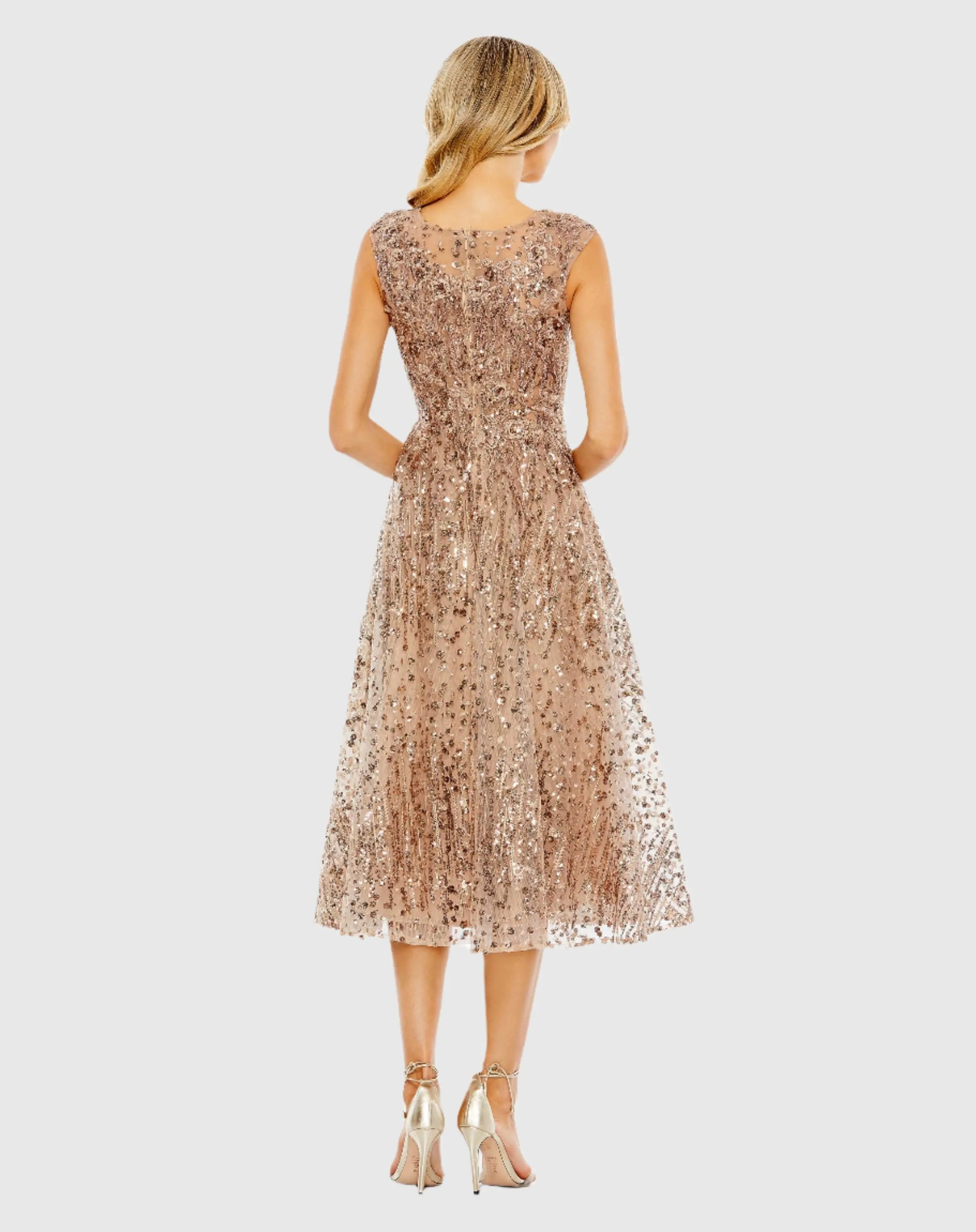 Gold Sequined Cap Sleeve Fit and Flare Dress-Myartka