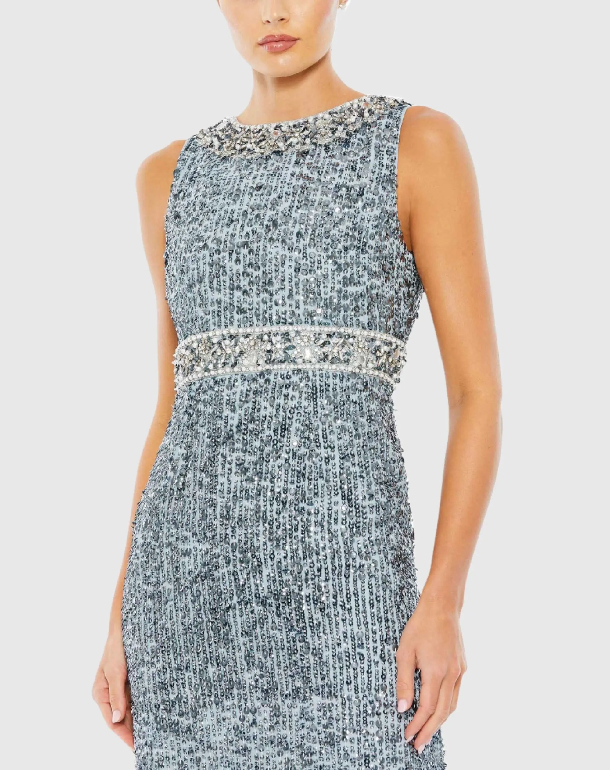 Blue Sleeveless Sequin Column Gown-Myartka
