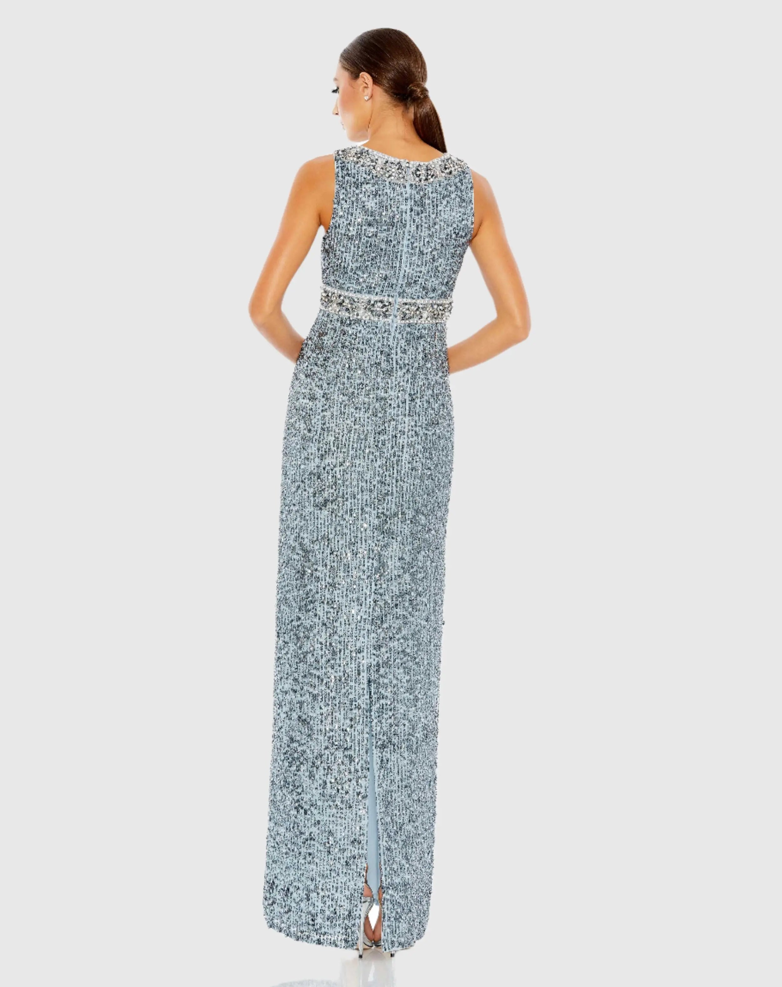 Blue Sleeveless Sequin Column Gown-Myartka