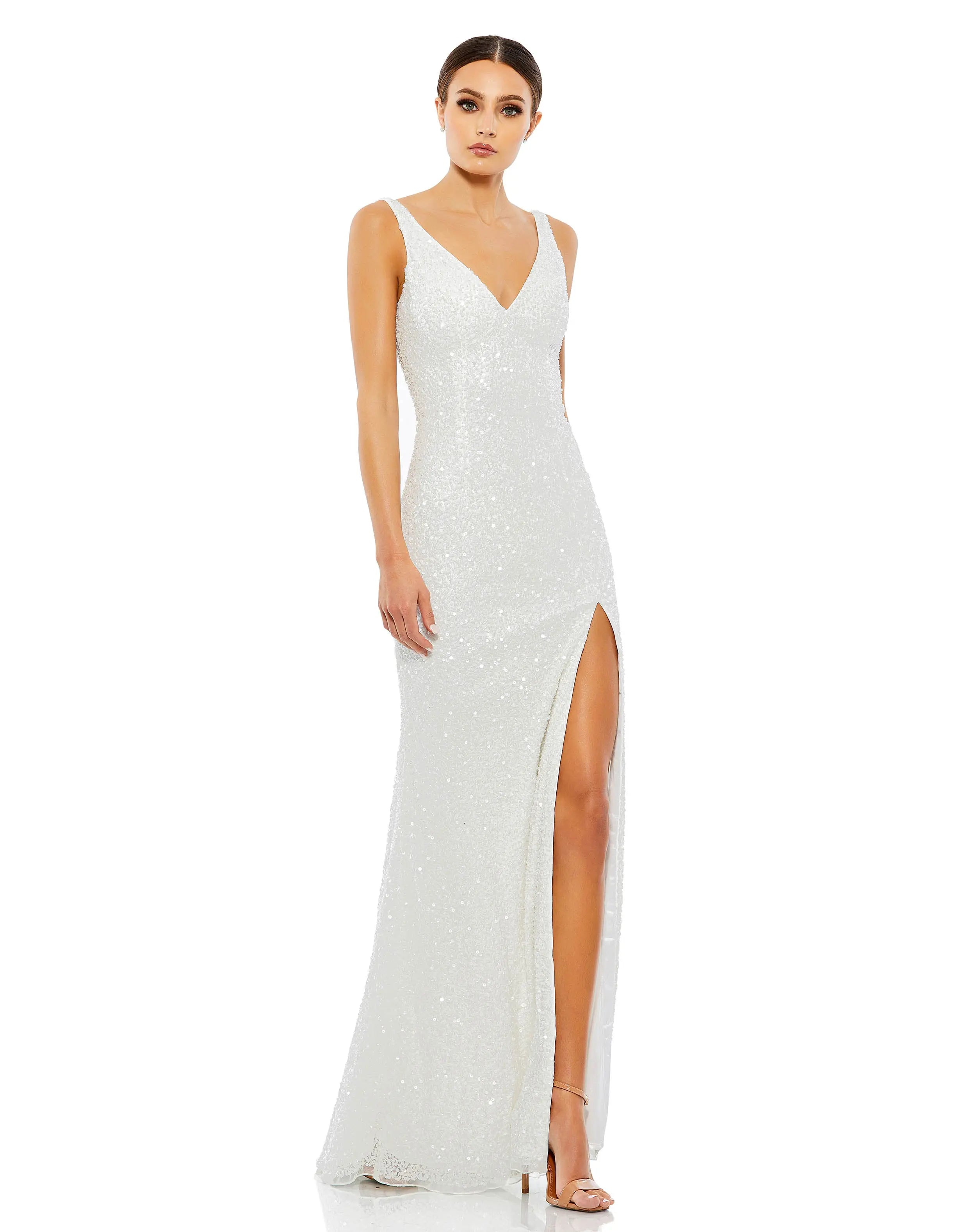 Sequined Sleeveless V Neck Side Slit Gown-Myartka