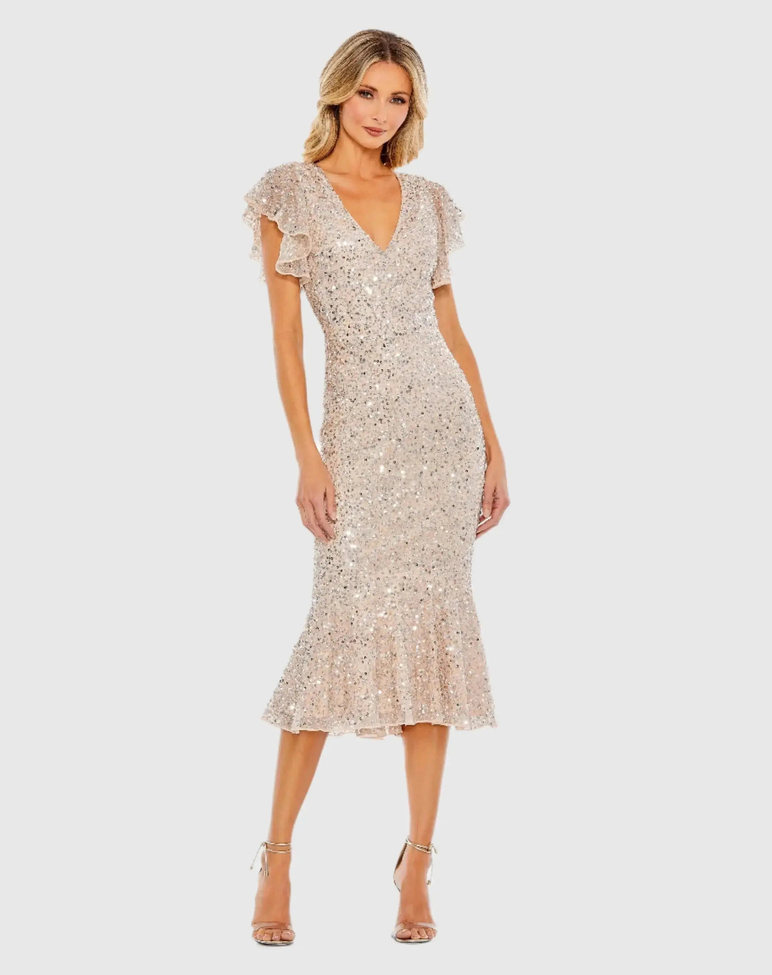 Sequined V Neck Flutter Cap Sleeve Trumpet Dress-Myartka