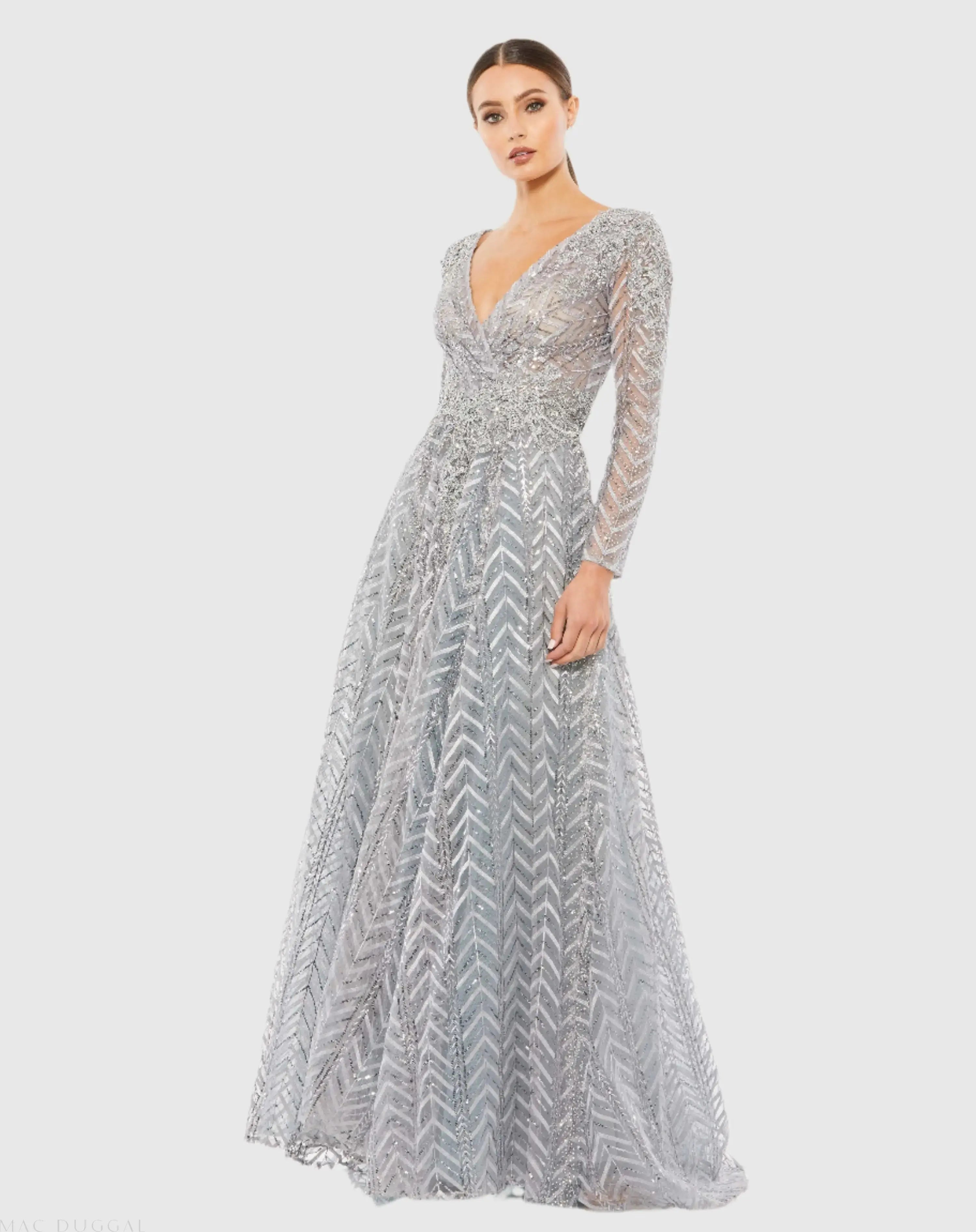 Embellished Illusion Long Sleeve Wrap Over A Line Gown-Myartka