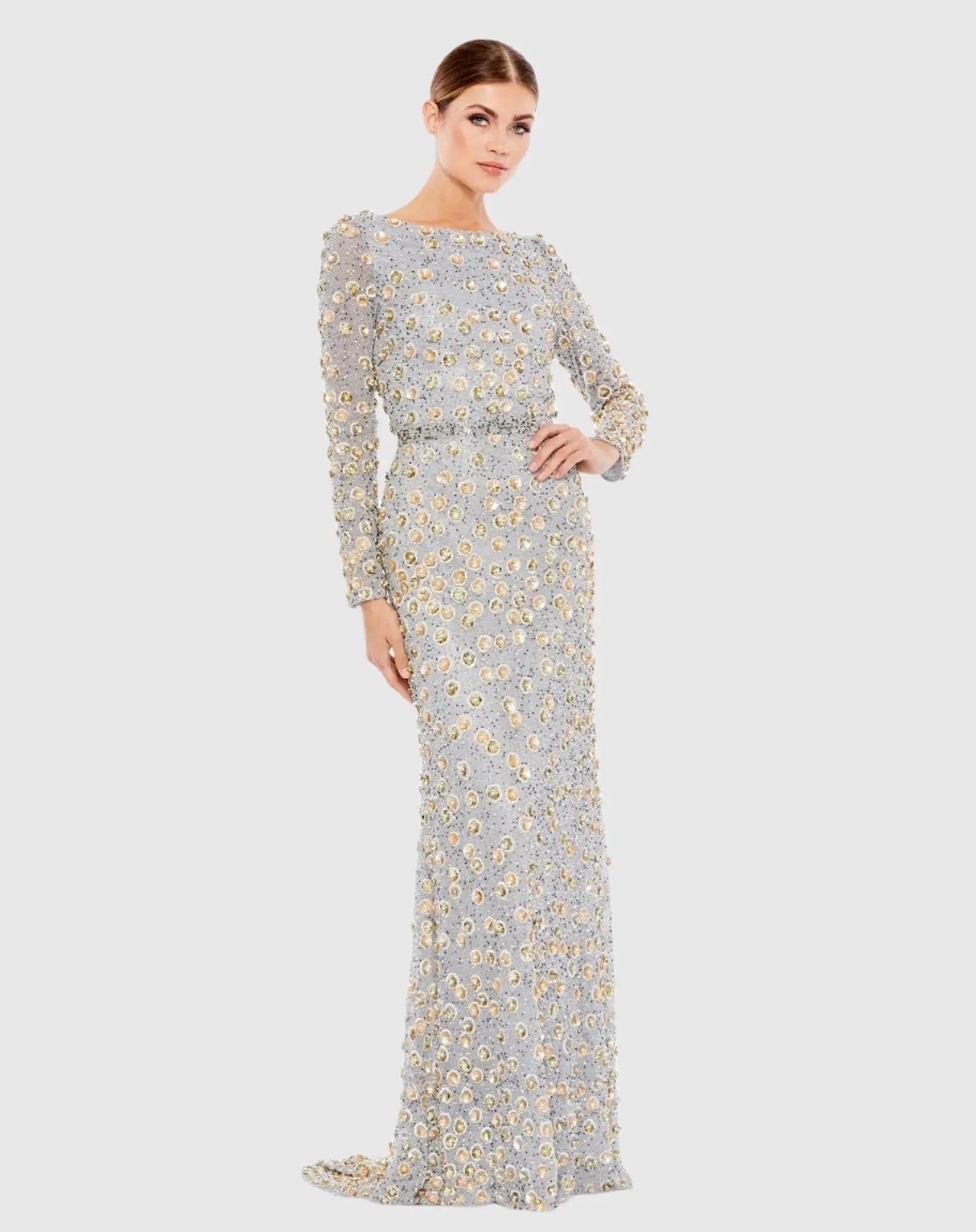 Silver Embellished Long Sleeve High Neck Gown-Myartka