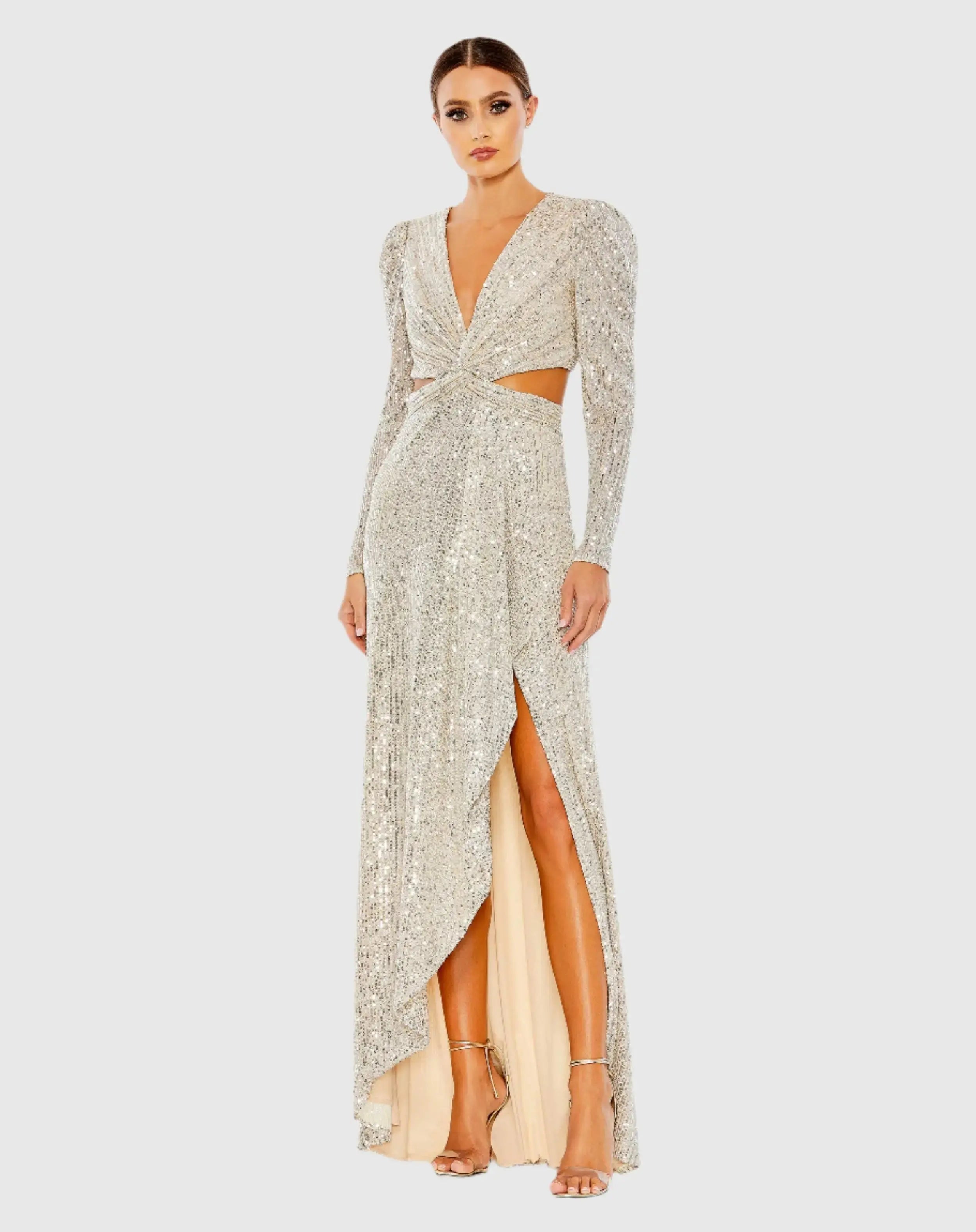 Sequined Criss Cross Long Sleeve Gown-Myartka