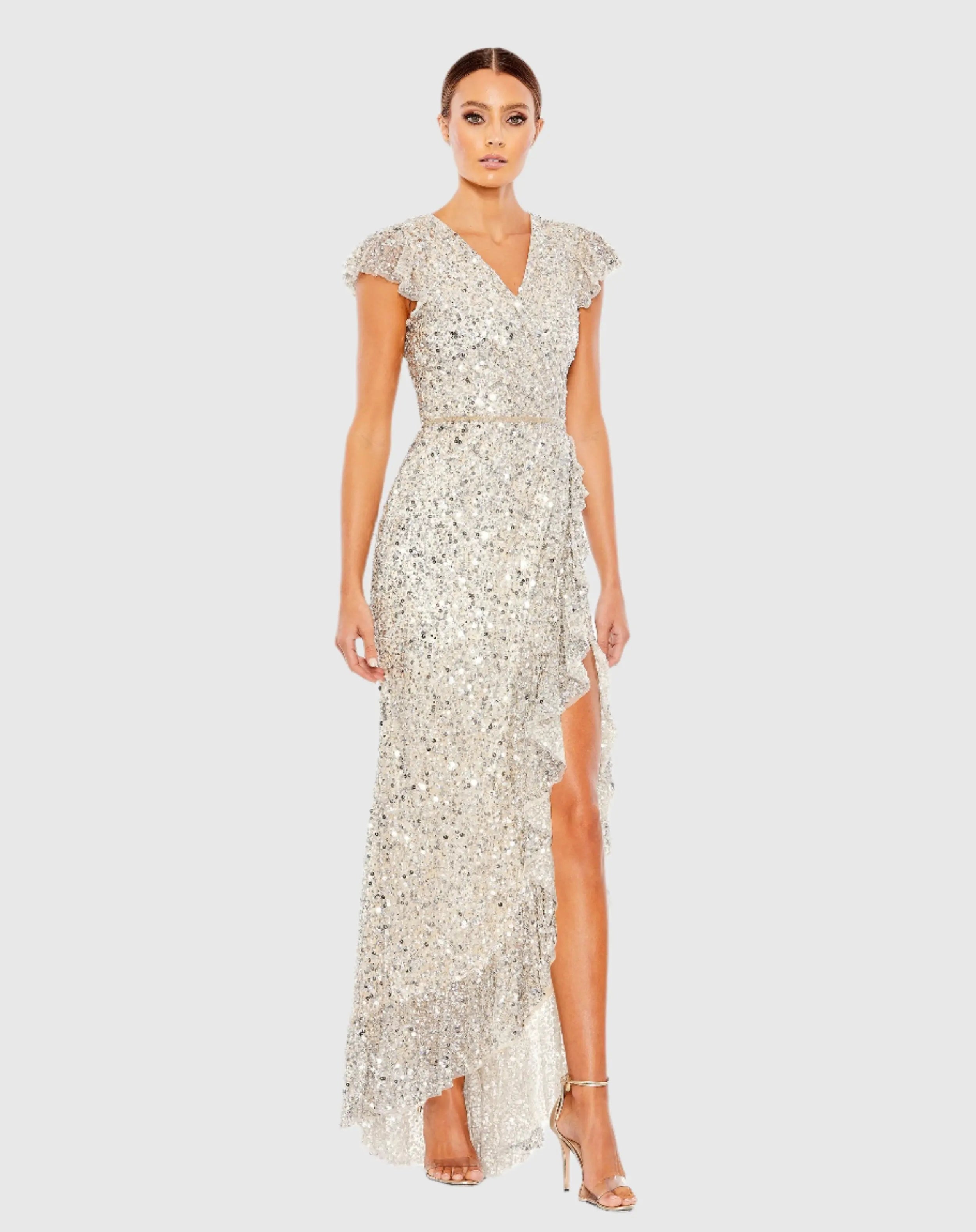 Silver Sequined Faux Wrap Ruffle Cap Sleeve Gown-Myartka
