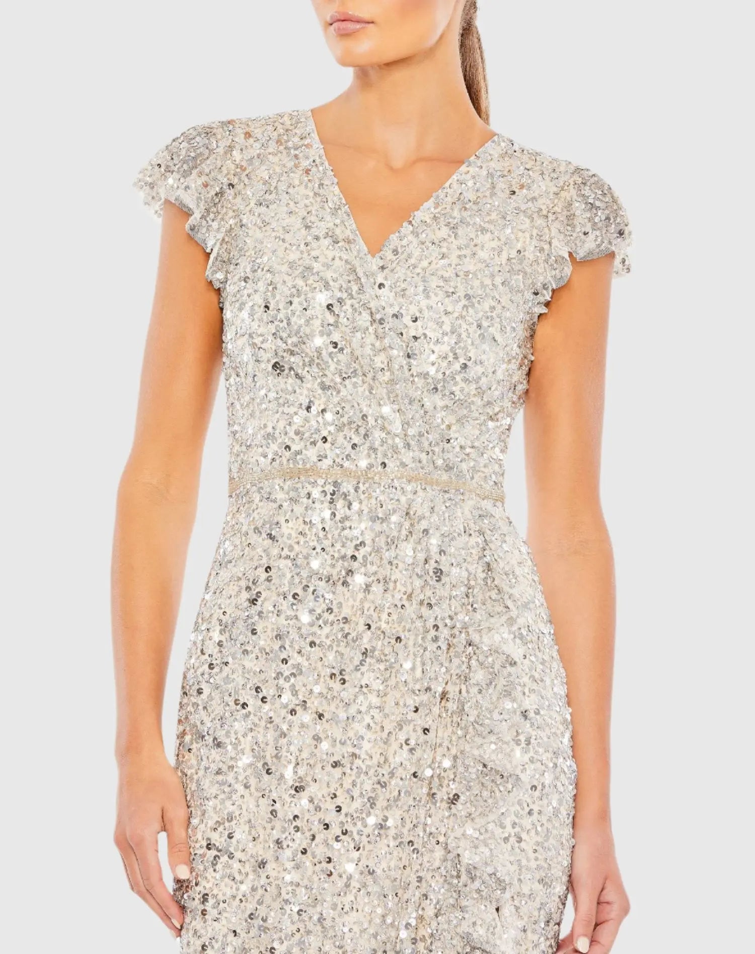 Silver Sequined Faux Wrap Ruffle Cap Sleeve Gown-Myartka