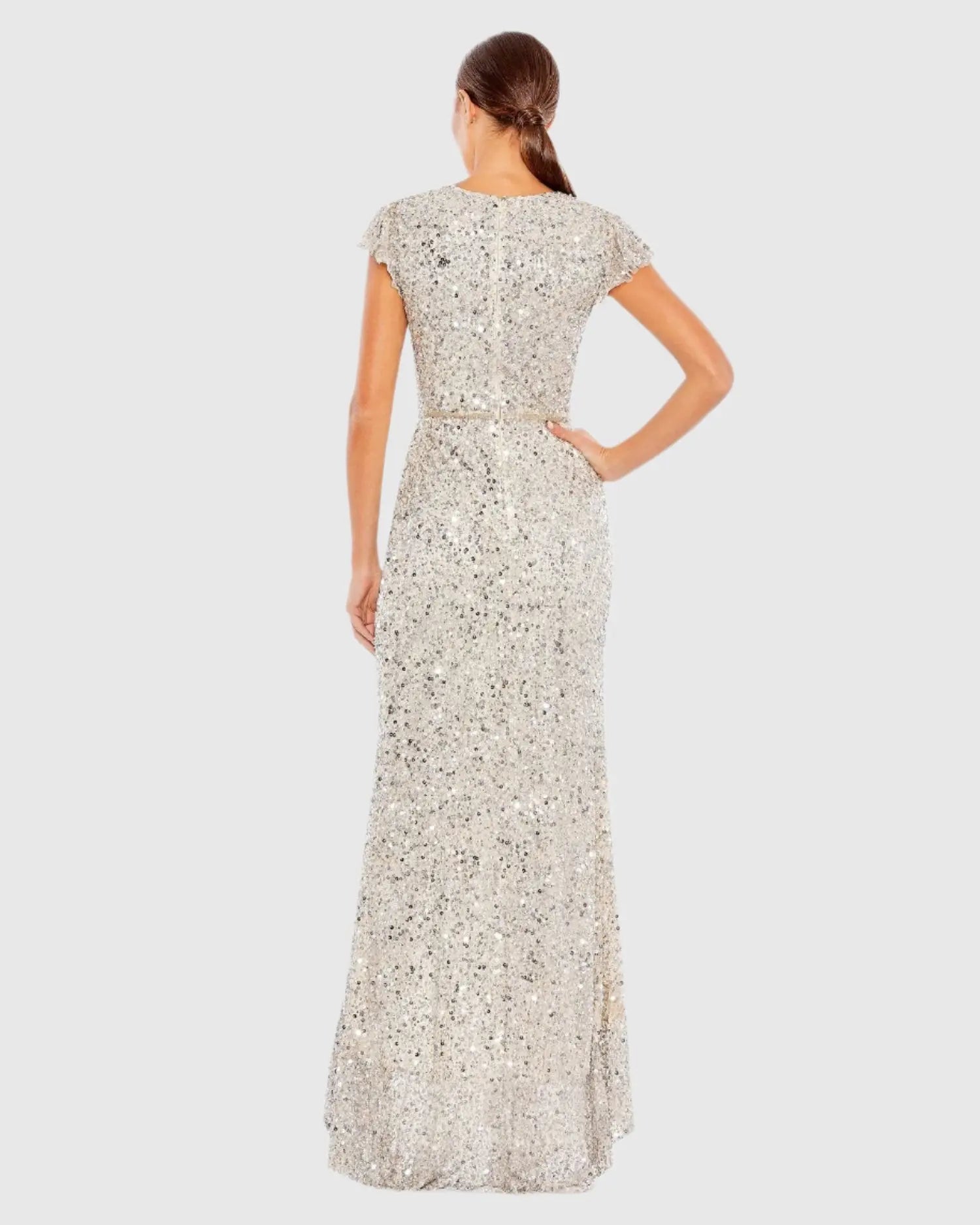 Silver Sequined Faux Wrap Ruffle Cap Sleeve Gown-Myartka
