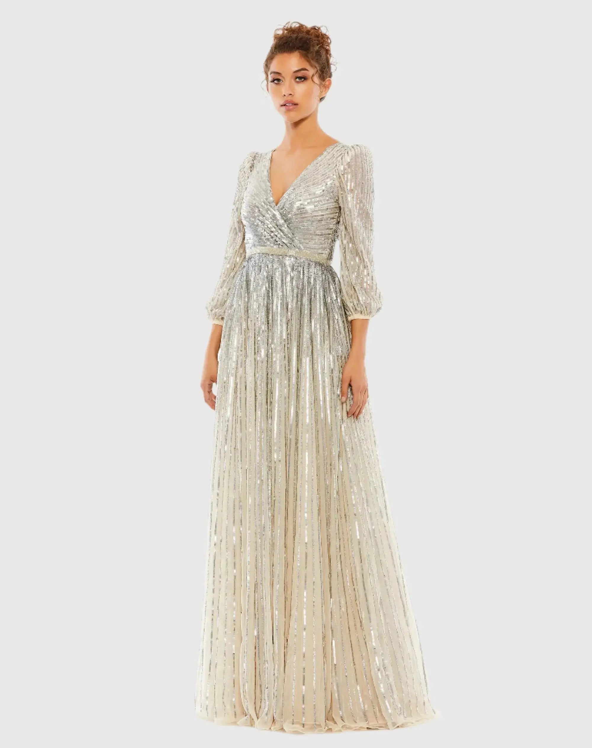 Sequined Wrap Over 3/4 Sleeve Gown-Myartka