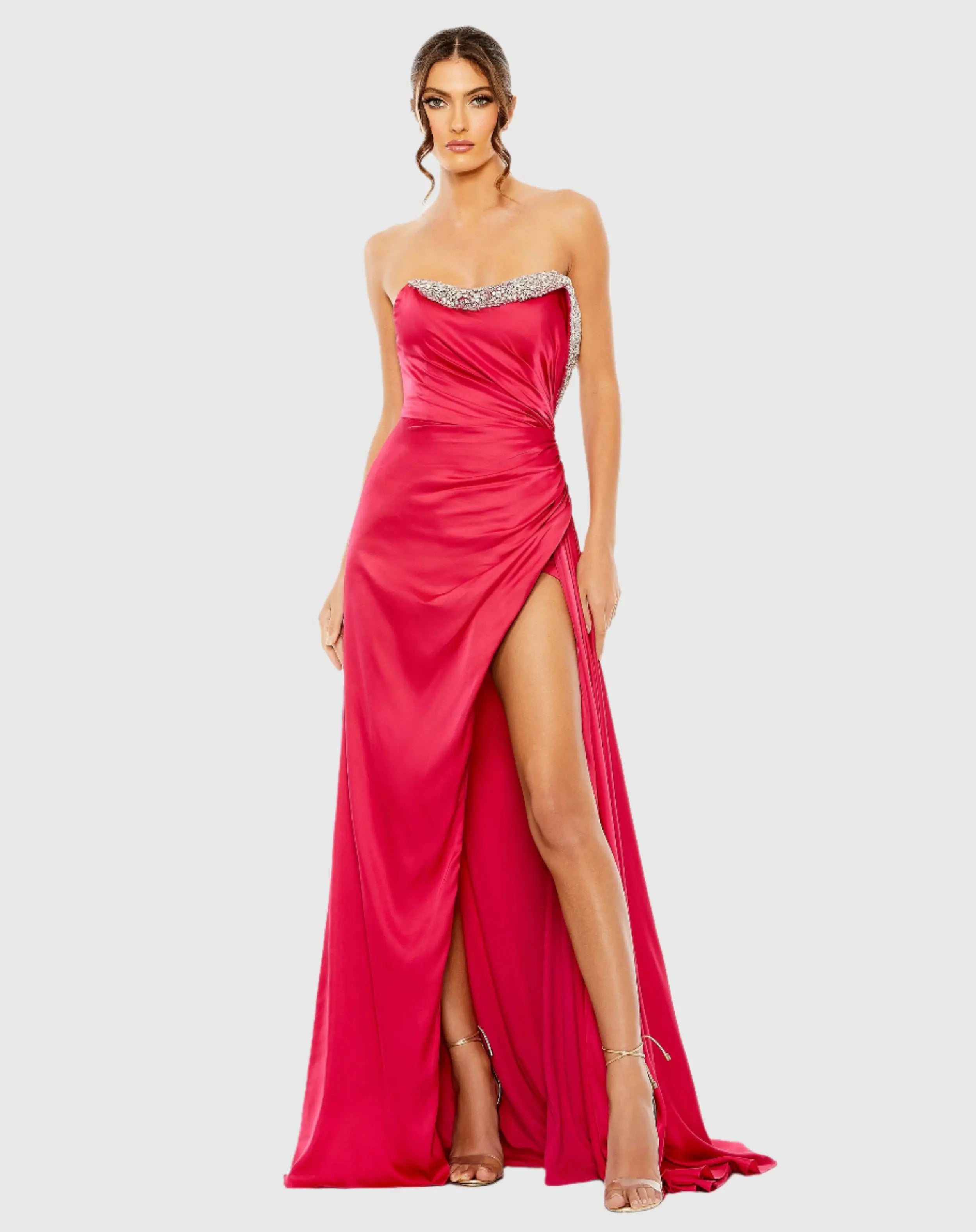 Pink Strapless Ruched Embellished Gown-Myartka