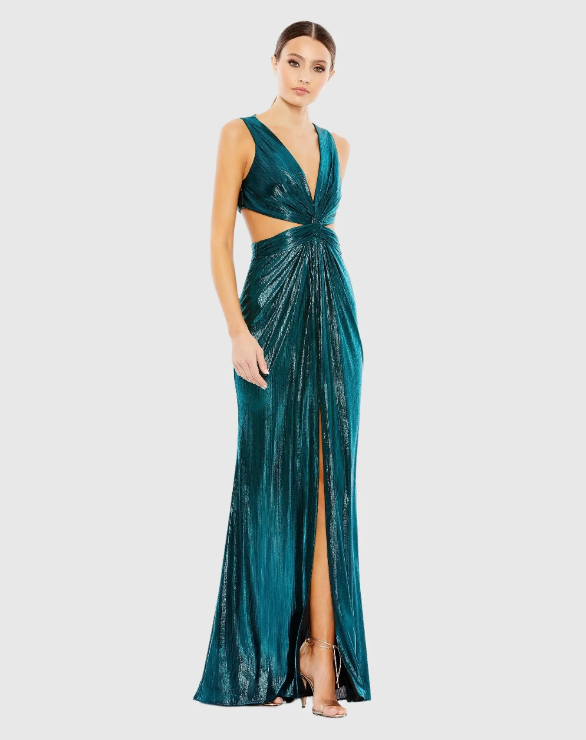 Teal Metallic Cut Out Gown with High Slit - FINAL SALE-Myartka