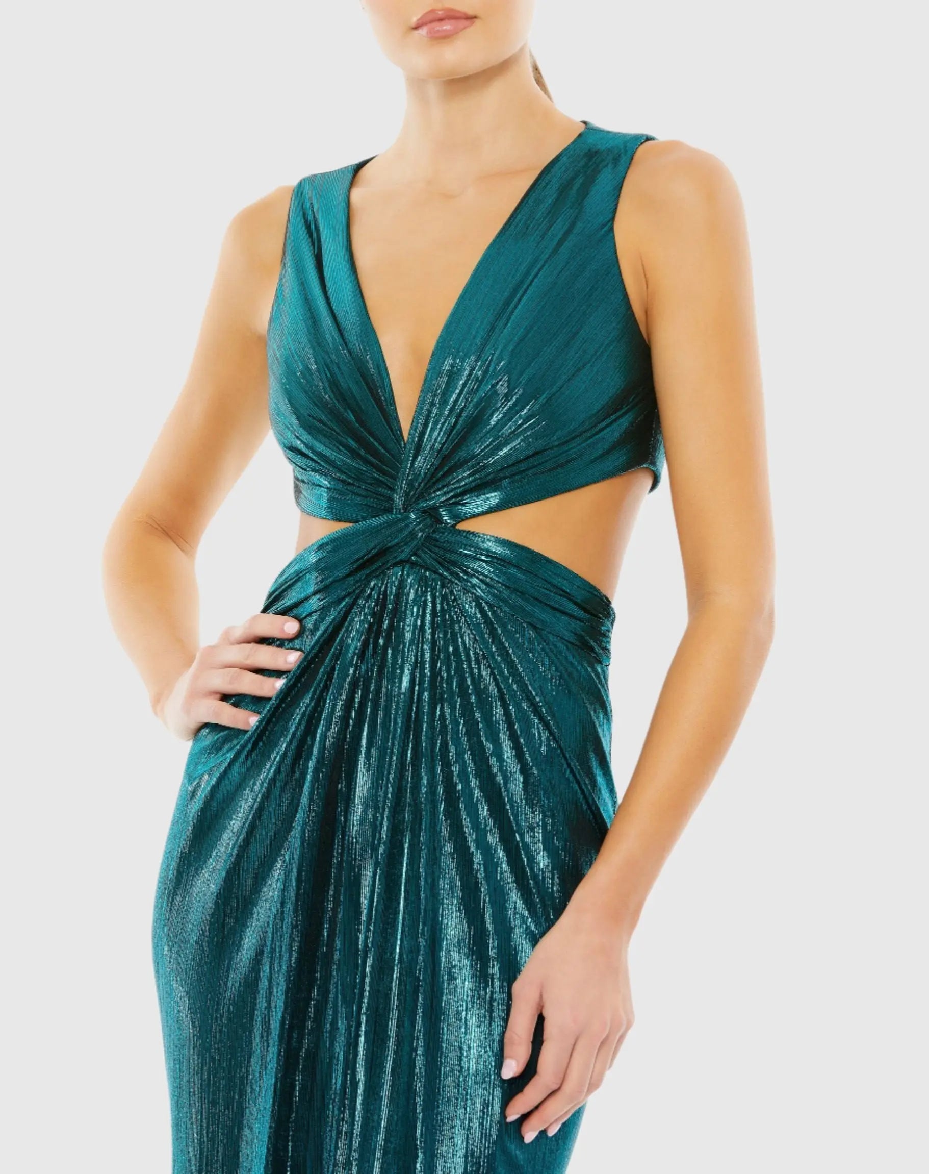 Teal Metallic Cut Out Gown with High Slit - FINAL SALE-Myartka