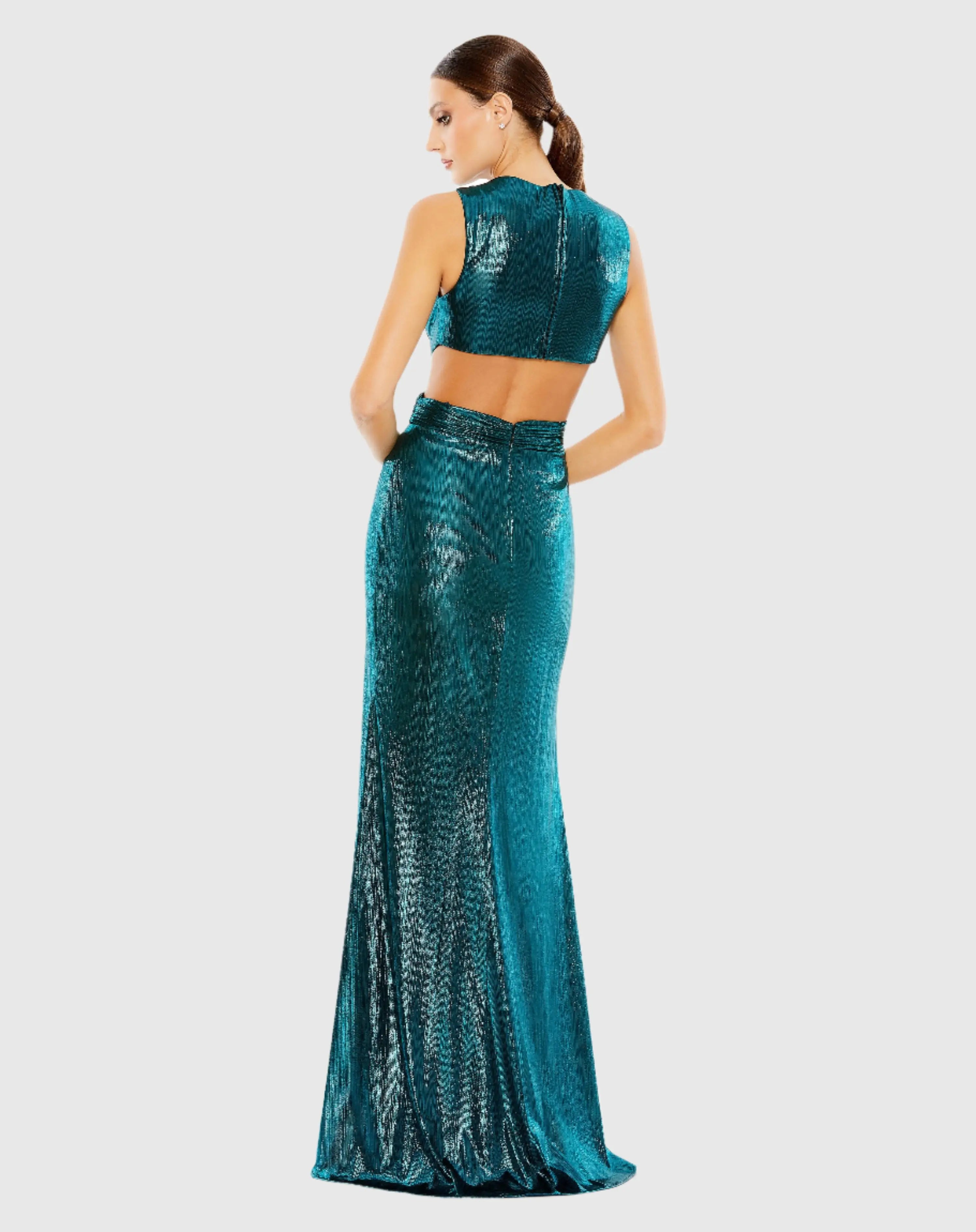 Teal Metallic Cut Out Gown with High Slit - FINAL SALE-Myartka