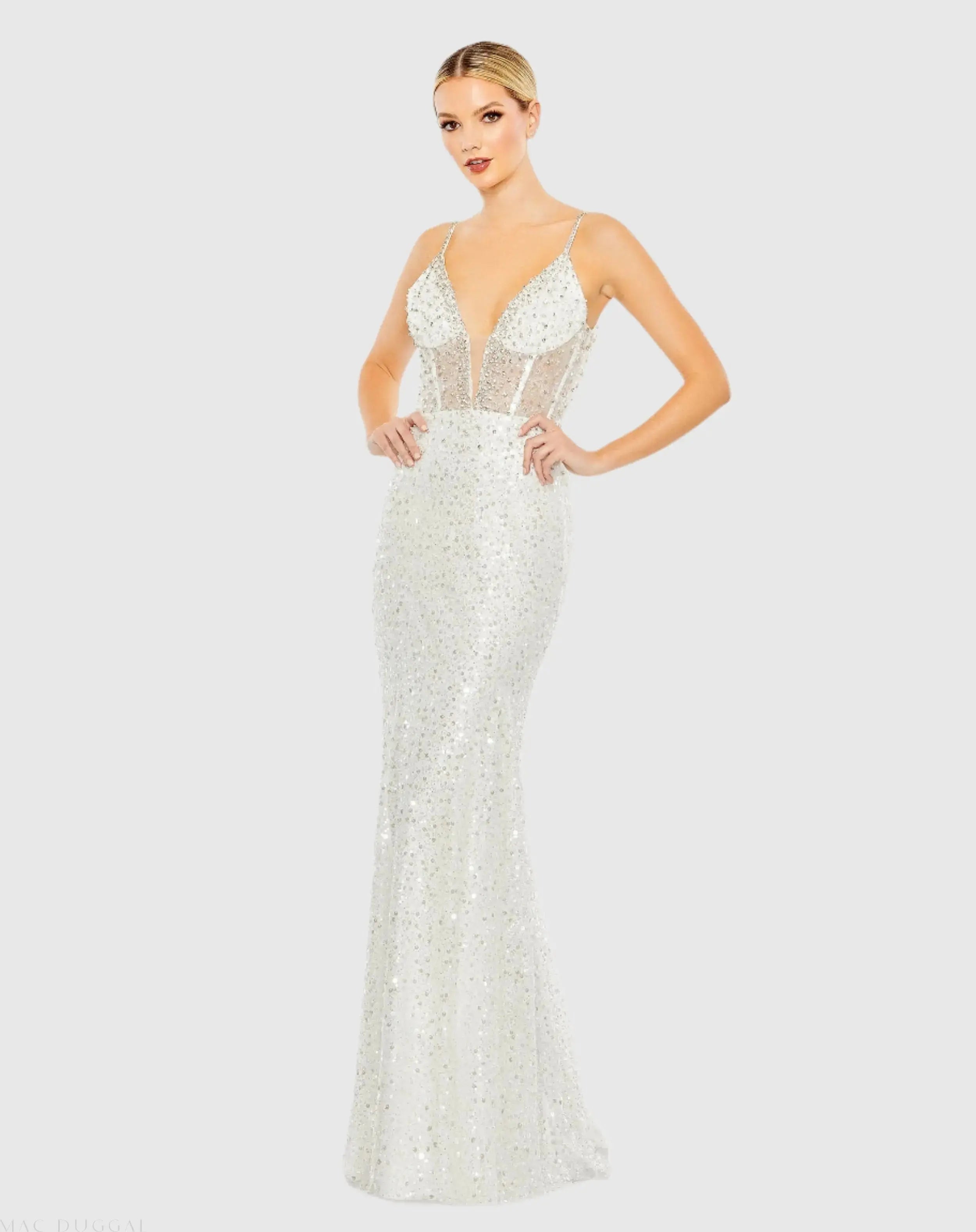 Embellished Plunge Neck Sleeveless Trumpet Gown-Myartka