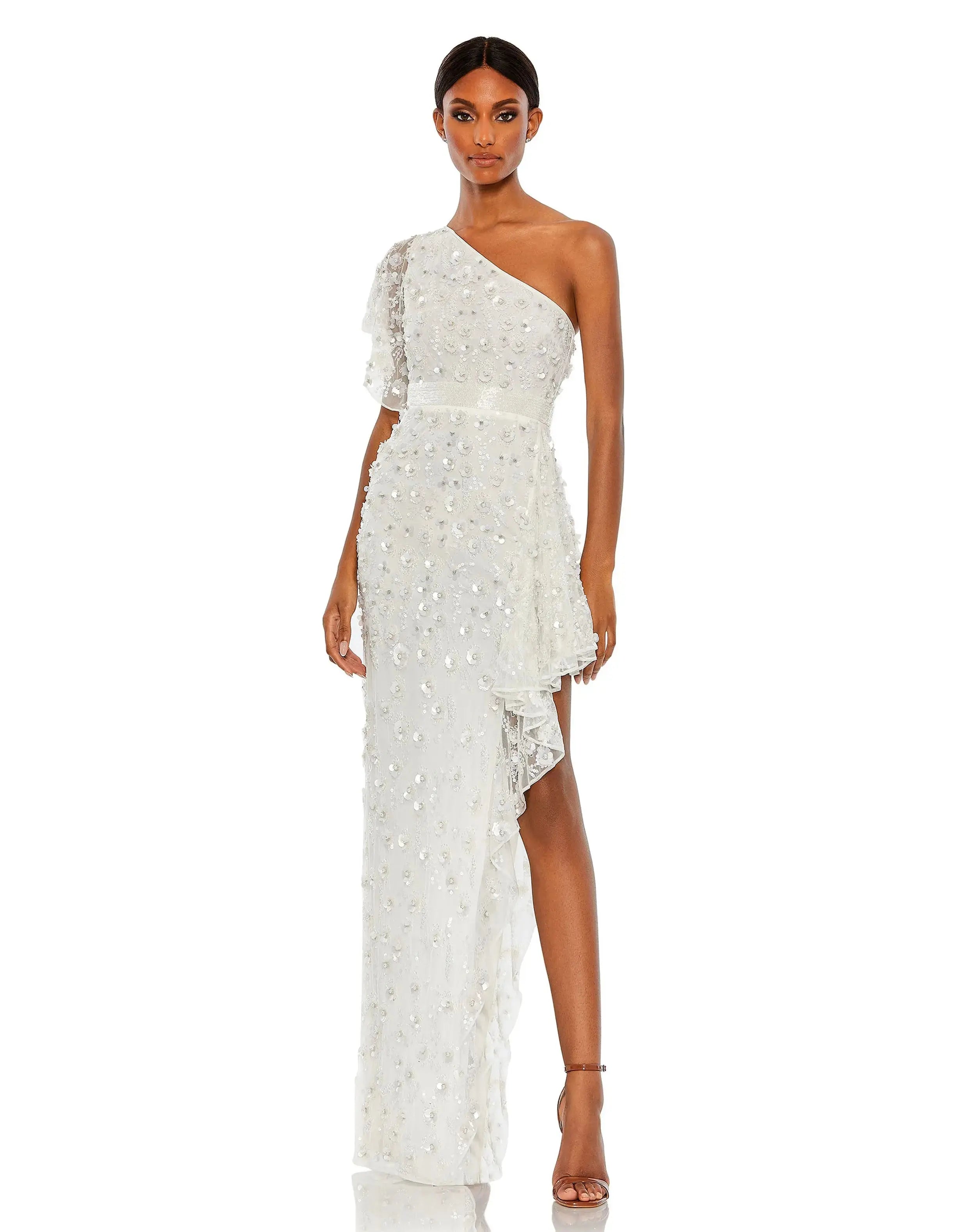 One Shoulder Beaded Embellished Gown with Asymmetrical Hem-Myartka