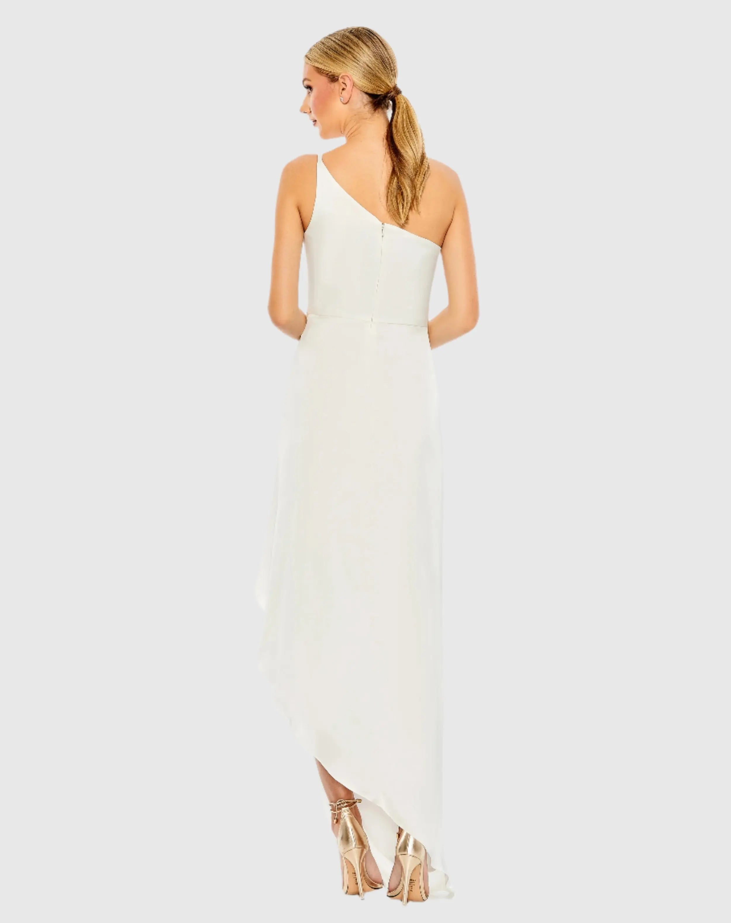White One Shoulder Hi-Low Draped Charmeuse Dress - FINAL SALE-Myartka