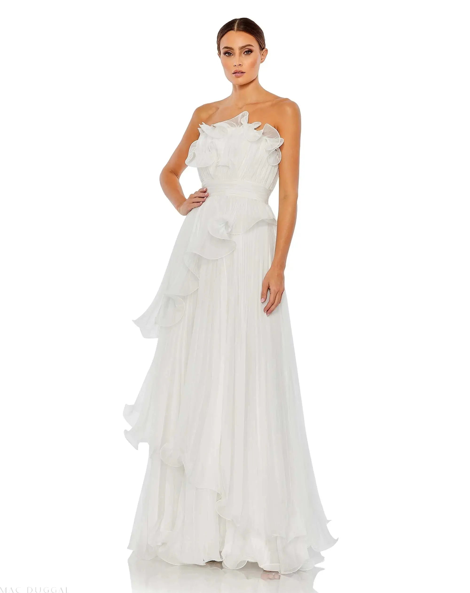 White Pleated Tiered Ruffled Strapless Gown-Myartka