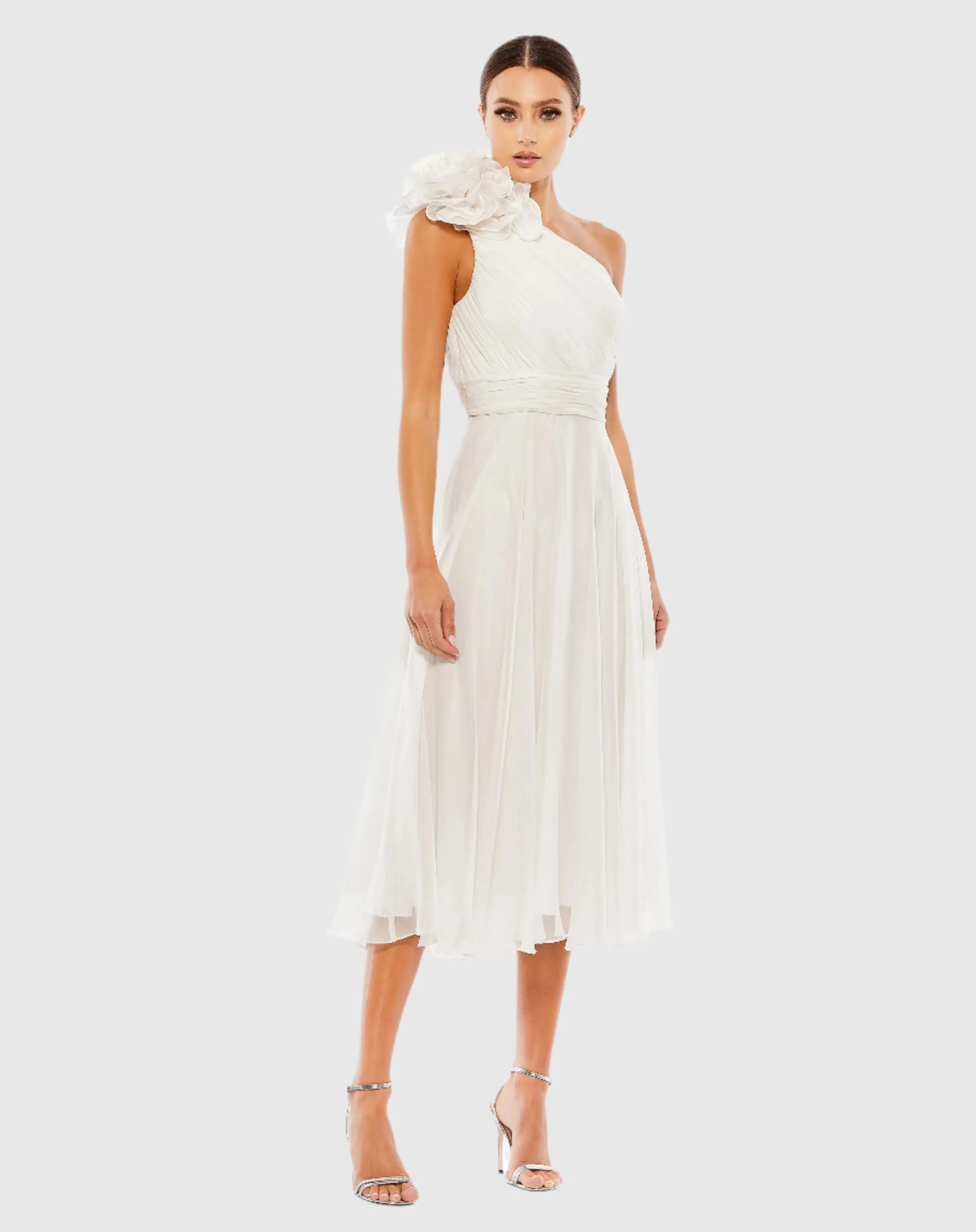 White Rosette One Shoulder Tea Length Dress-Myartka