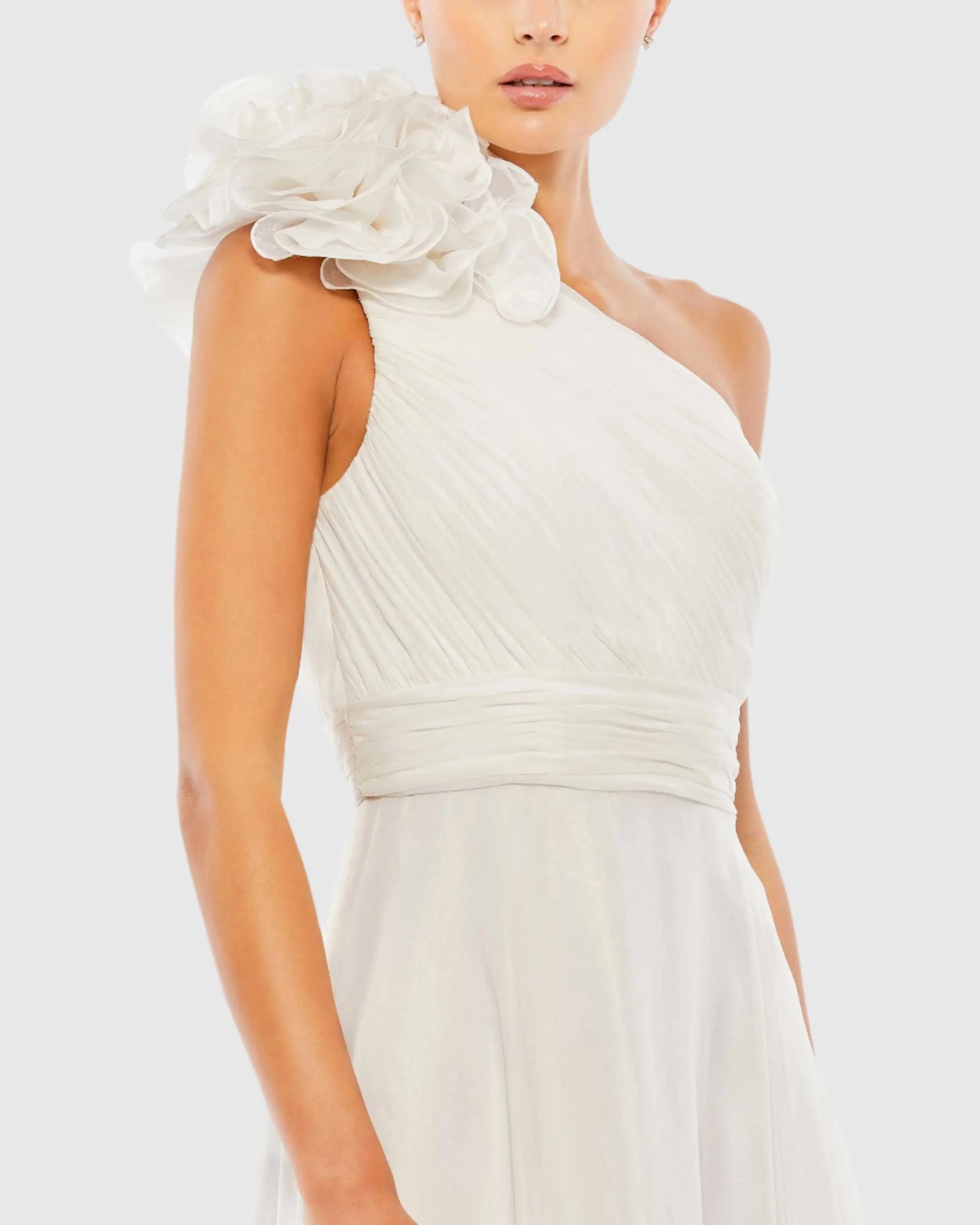 White Rosette One Shoulder Tea Length Dress-Myartka