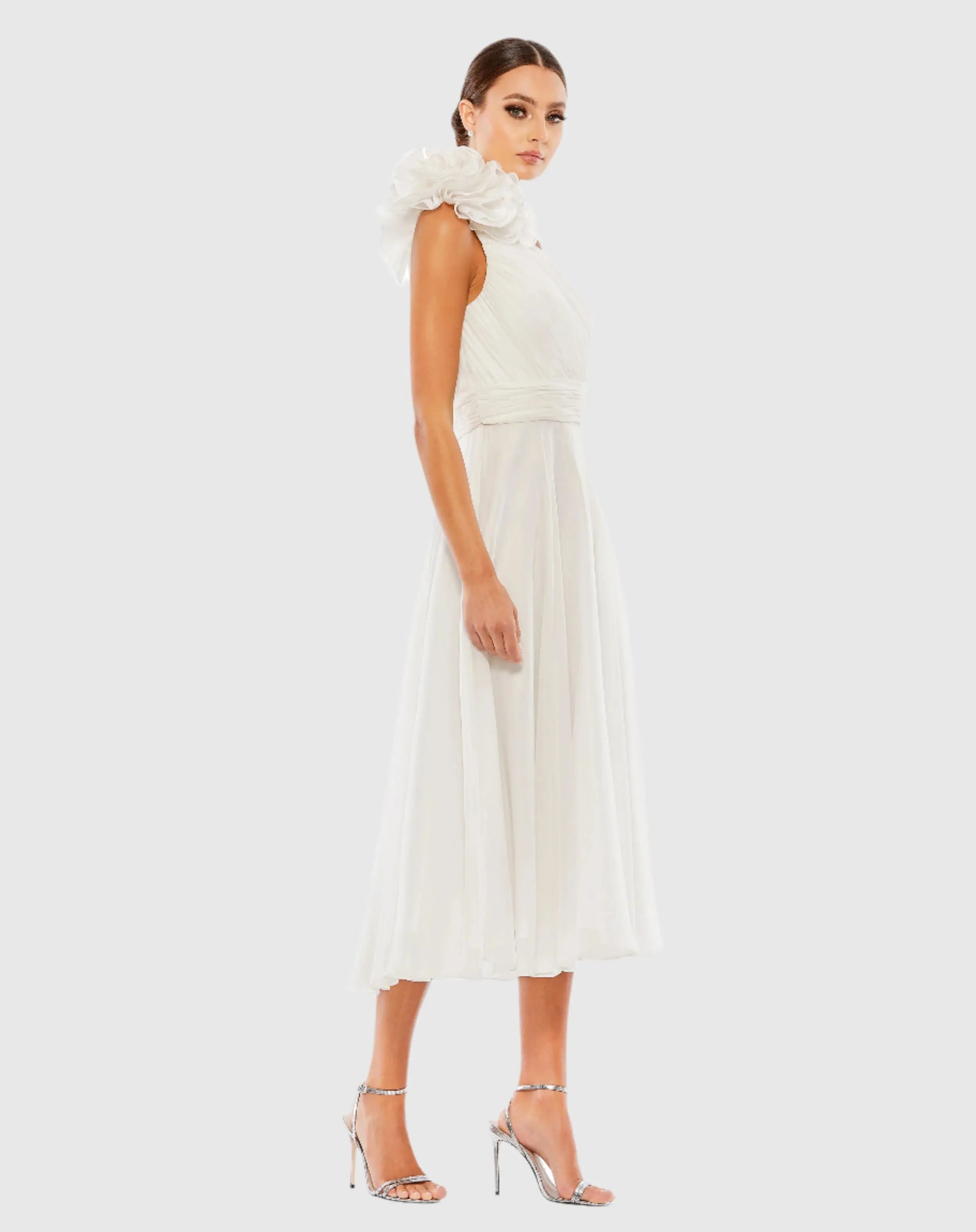 White Rosette One Shoulder Tea Length Dress-Myartka