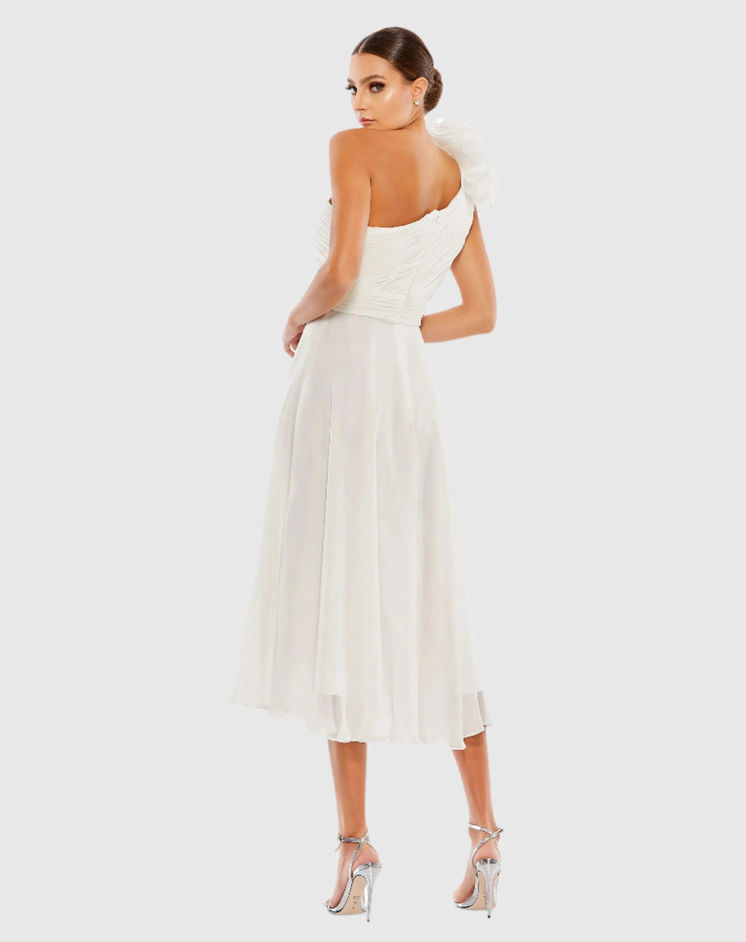 White Rosette One Shoulder Tea Length Dress-Myartka