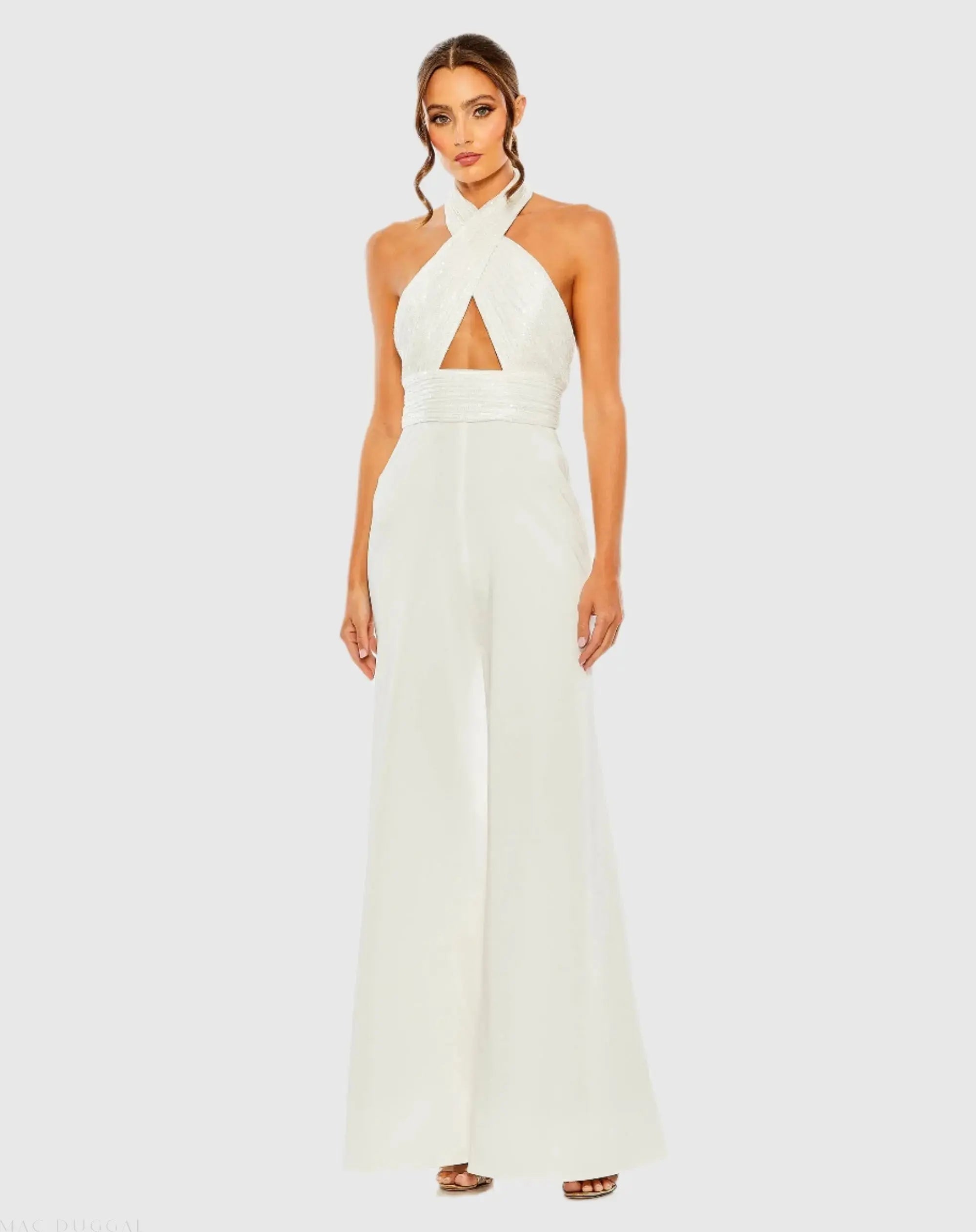 Sequined Cross Neck Halter Jumpsuit-Myartka