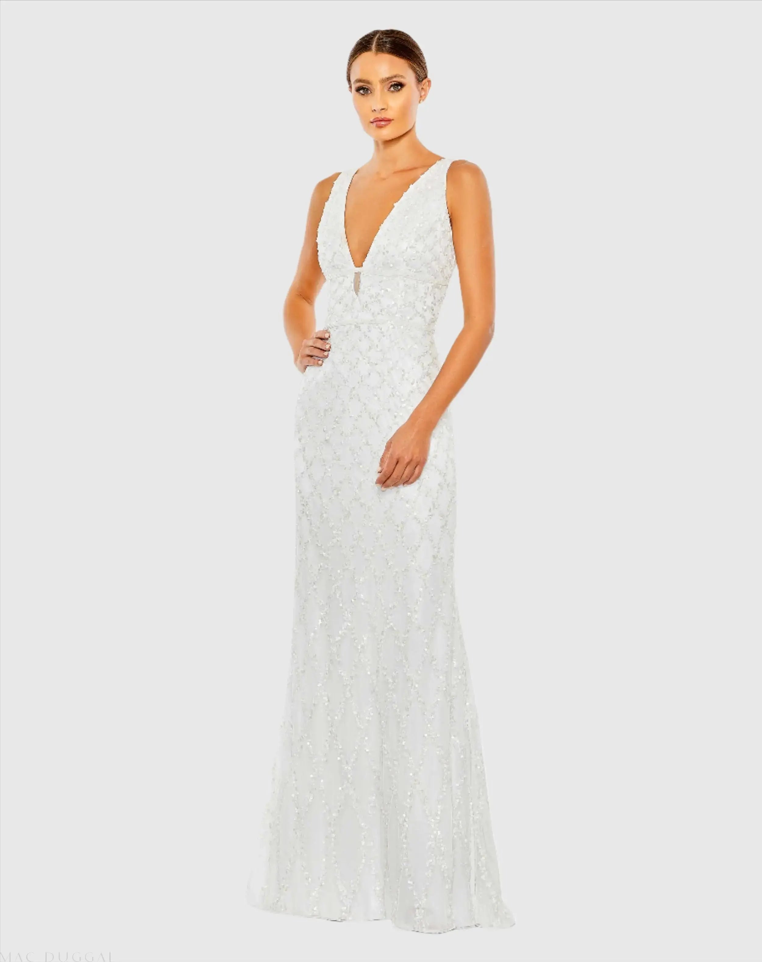 Sequined Plunge Neck Sleeveless Column Gown-Myartka