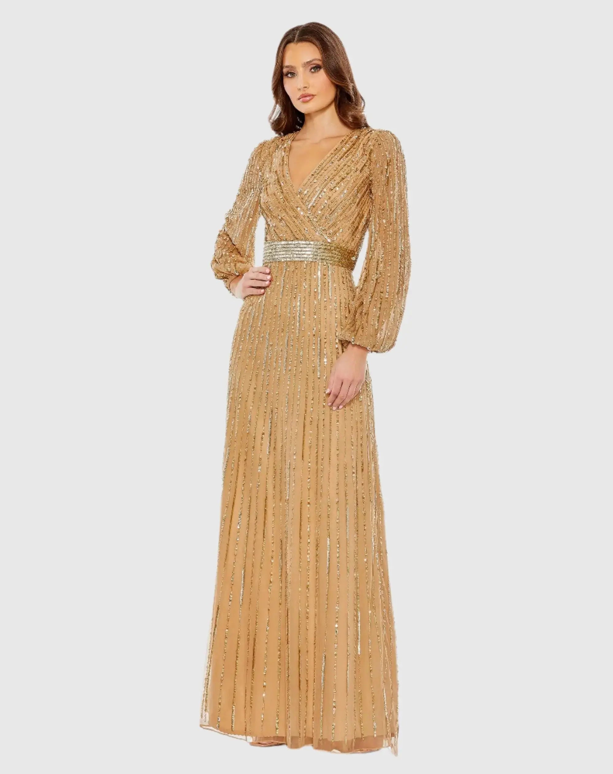 Wrap Over Puff Sleeve Embellished Gown-Myartka