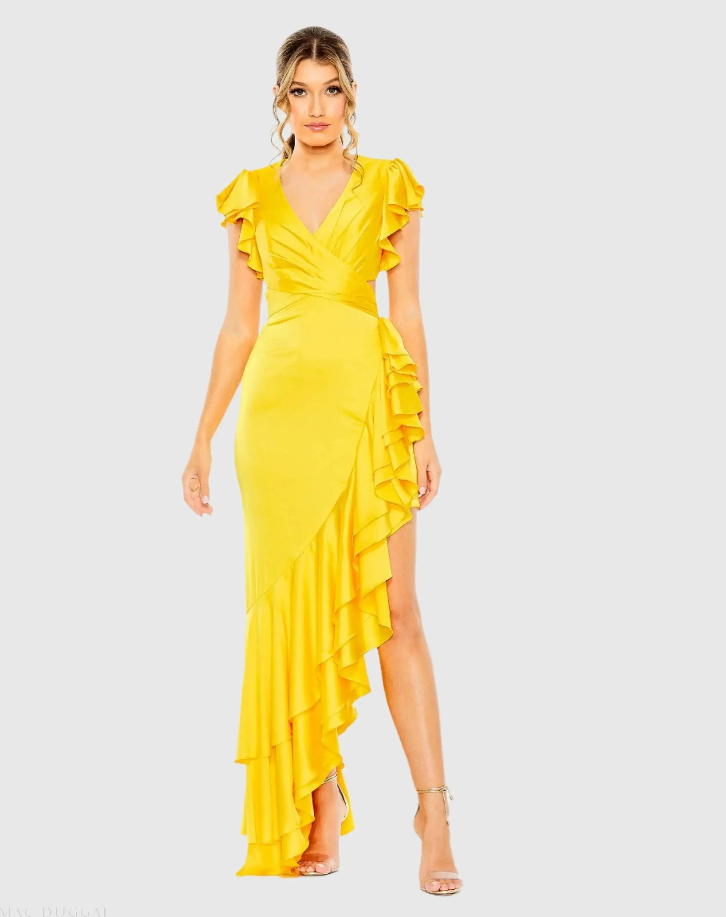 Flutter Sleeve Cut Out Asymmetrical Ruffled Gown-Myartka