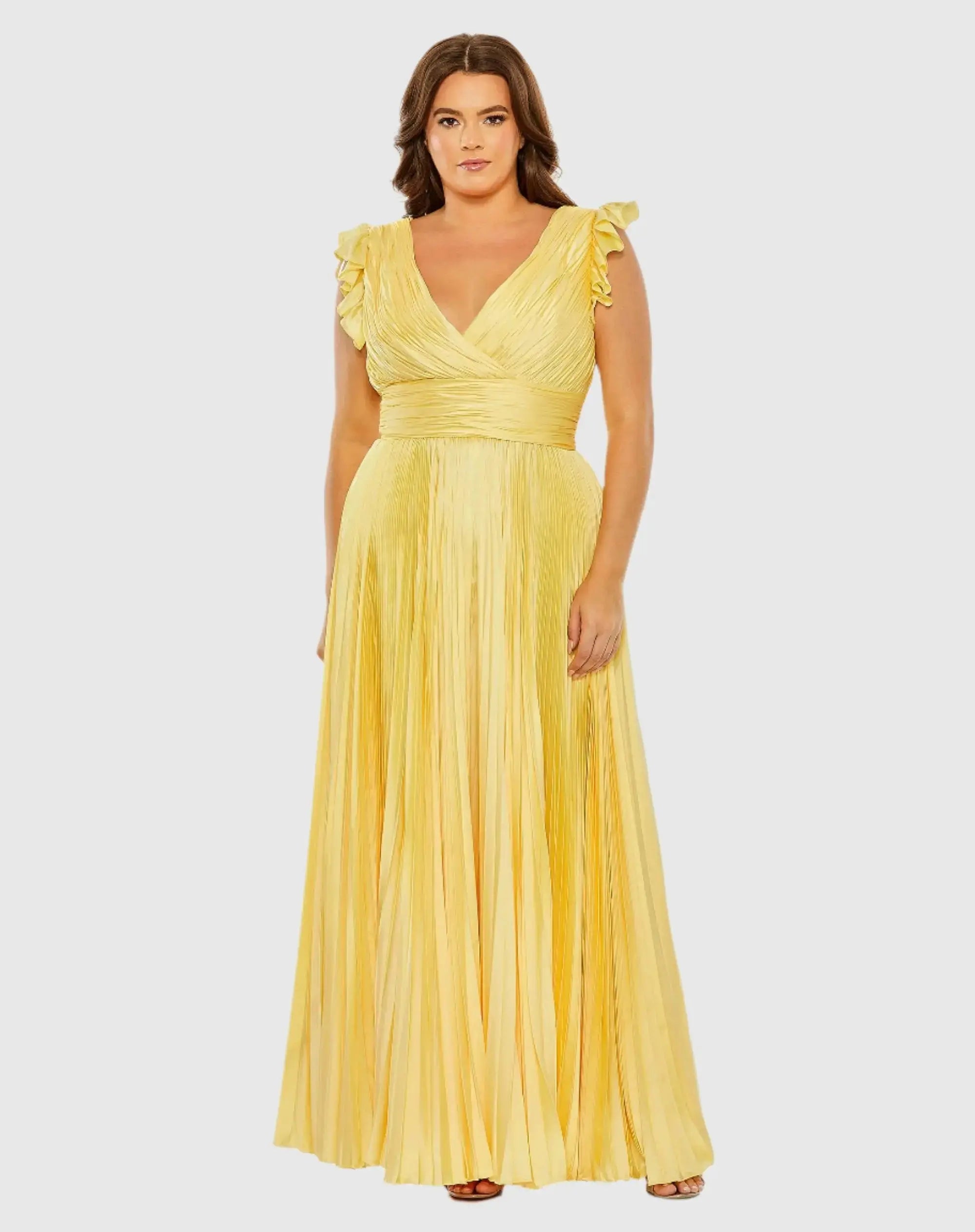 Flutter Sleeve Pleated V-Neck Gown (Plus)-Myartka