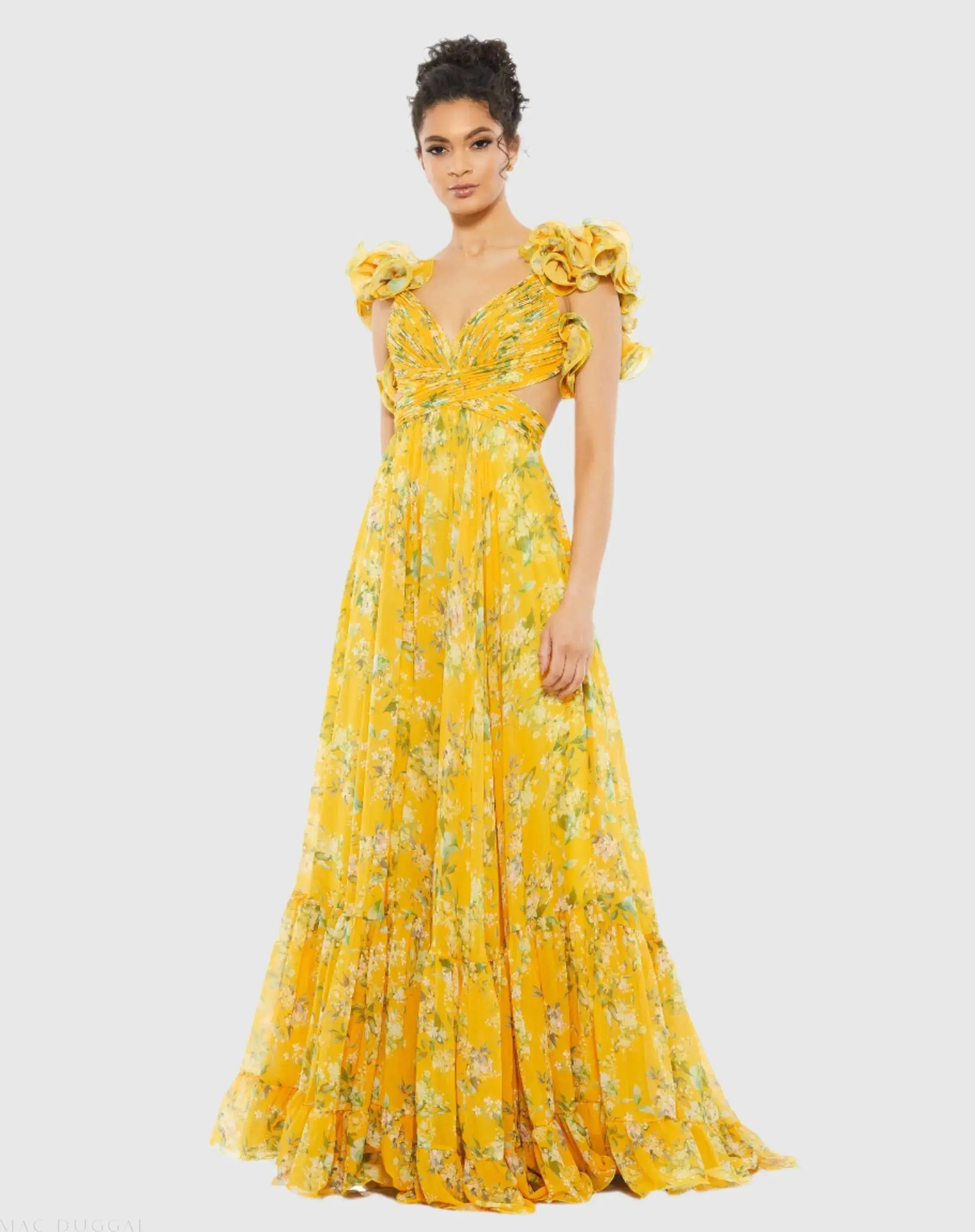 Ruffle Tiered Floral Cut-Out Chiffon Gown-Myartka