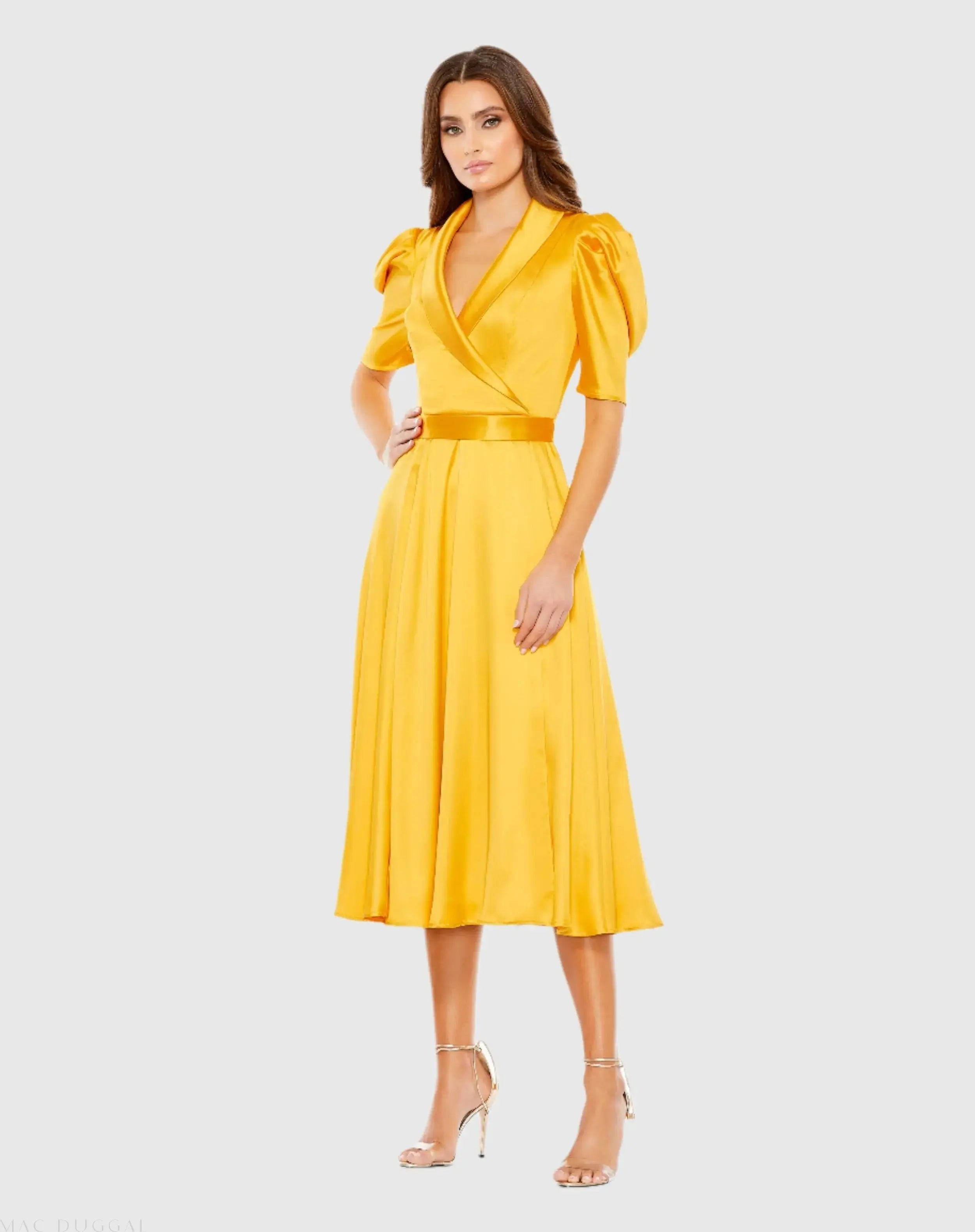 Satin Lapel Puff Sleeve Tea Length Dress-Myartka