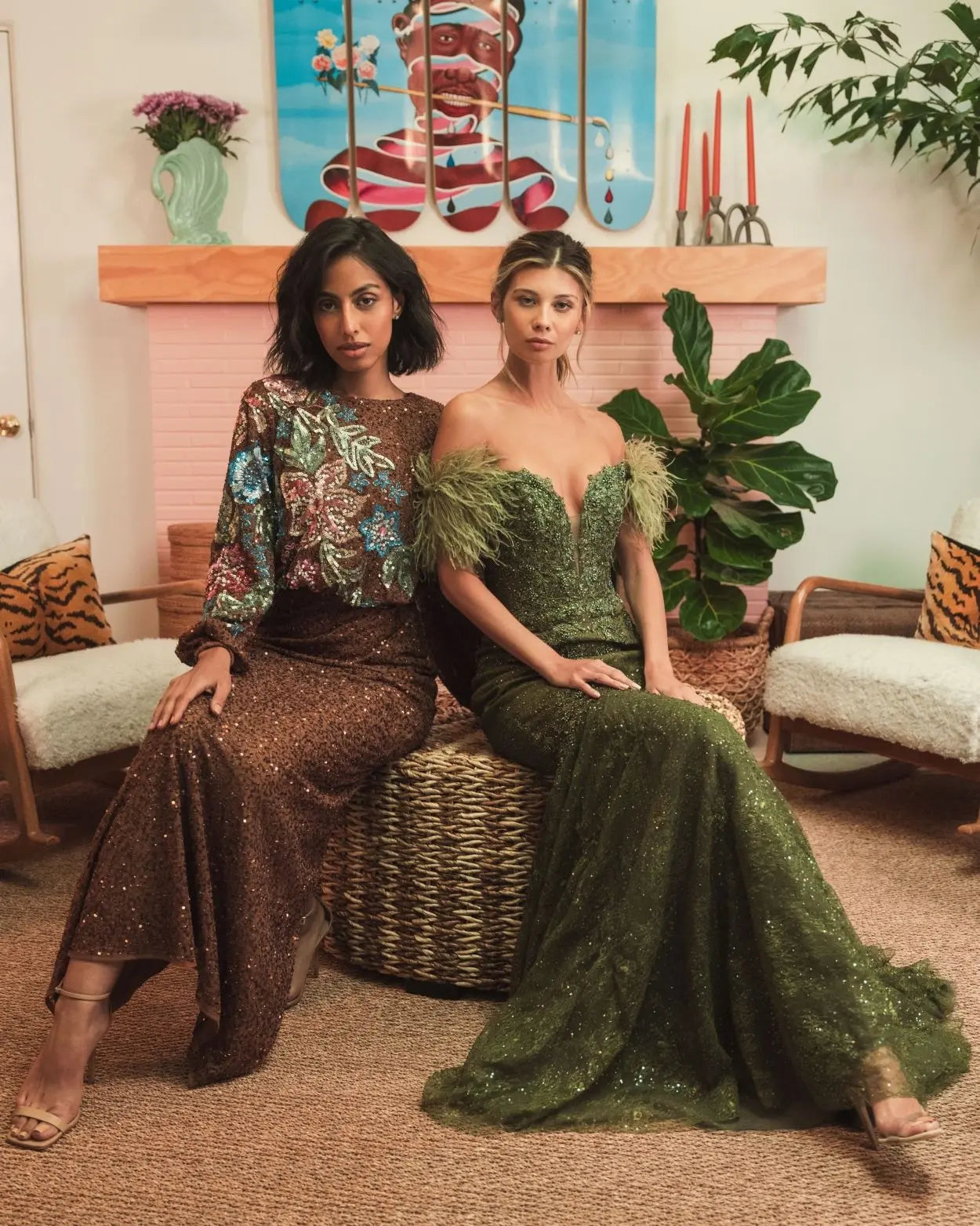 Green Off The Shoulder Embellished Lace Feather Trim Gown-Myartka