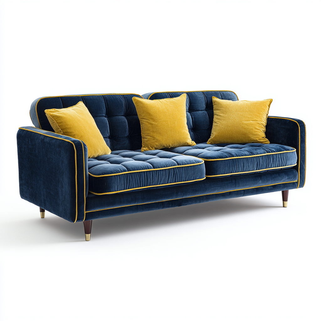 Divano a 3 posti - rivestimento in velluto - 220x90x85 cm - blu scuro - giallo - stile moderno per soggiorno- Havengetyard