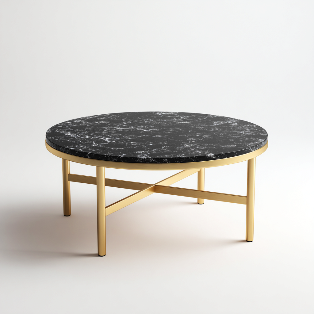 Tavolino da caffè rotondo piano in pietra struttura in metallo 90x90x40 cm - nero - oro - design moderno per soggiorno- Havengetyard