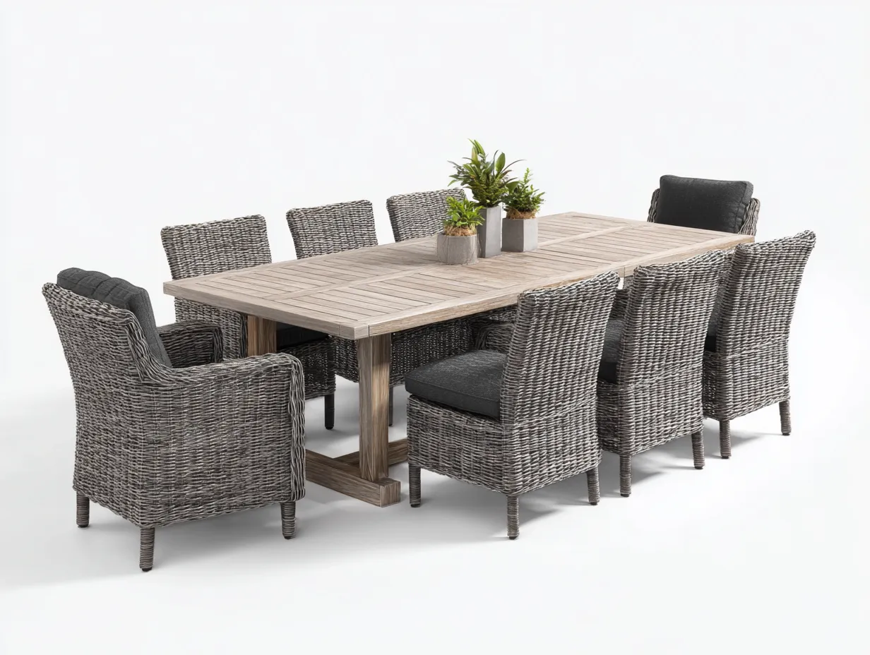 Garten Essgarnituren-Polyrattan-Massivholz-240x100x75 cm-Naturgrau-Grau-Landhausstil-Casamypad