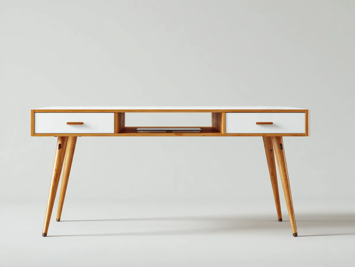 Schreibtisch-Holzwerkstoff-Massivholz-132x60x75 cm-Weiß-Natur-Skandinavischer Stil-Casamypad