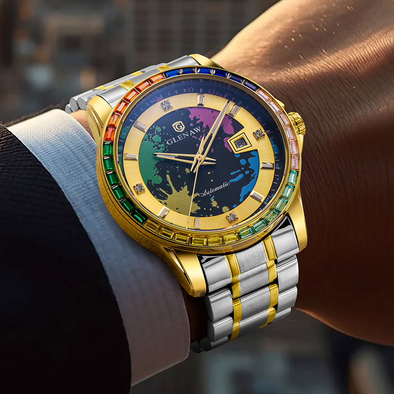 Men’s Mechanical Watch – Rainbow Crystal Bezel, Artistic Ink Dial, Stainless Steel