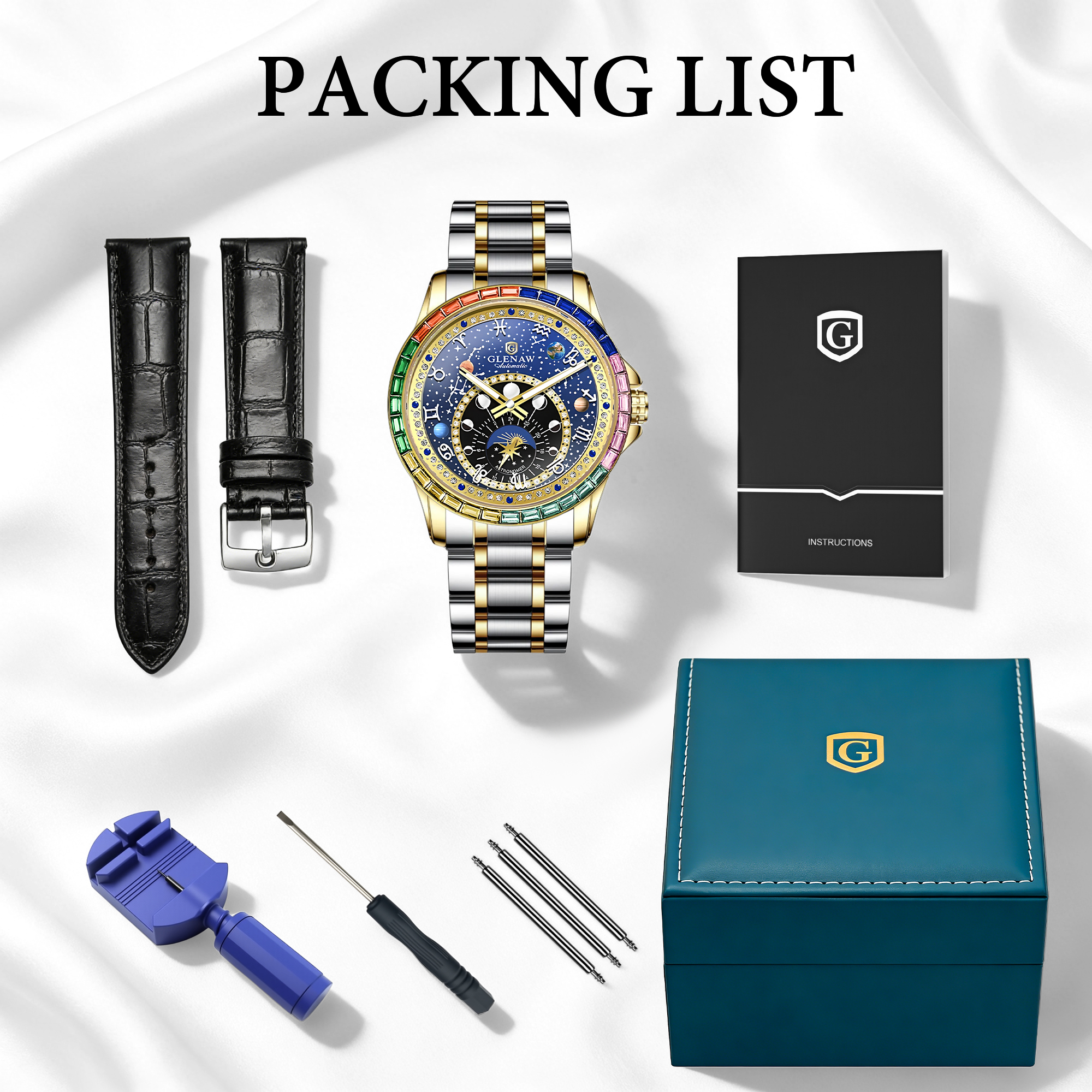 Men’s Automatic Mechanical Watch with Rotating Zodiac Dial, Starry Sky Design, Crystal-Set Bezel