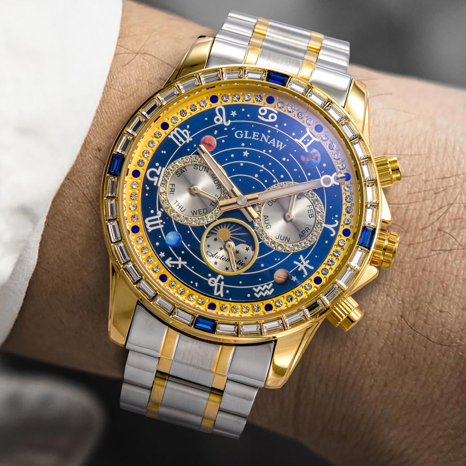 Luxury Automatic Mechanical Watch with 12 Zodiac Dial, Gem-Set Steel Case