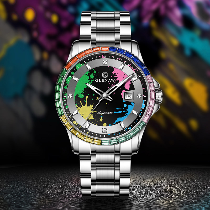 Men’s Mechanical Watch – Rainbow Crystal Bezel, Artistic Ink Dial, Stainless Steel