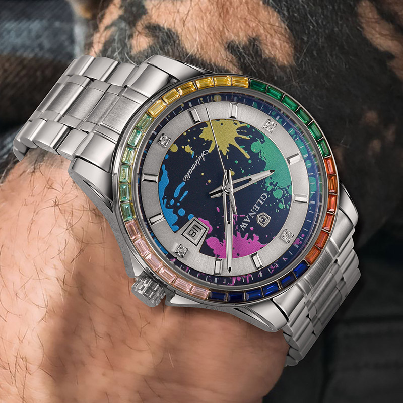 Men’s Mechanical Watch – Rainbow Crystal Bezel, Artistic Ink Dial, Stainless Steel